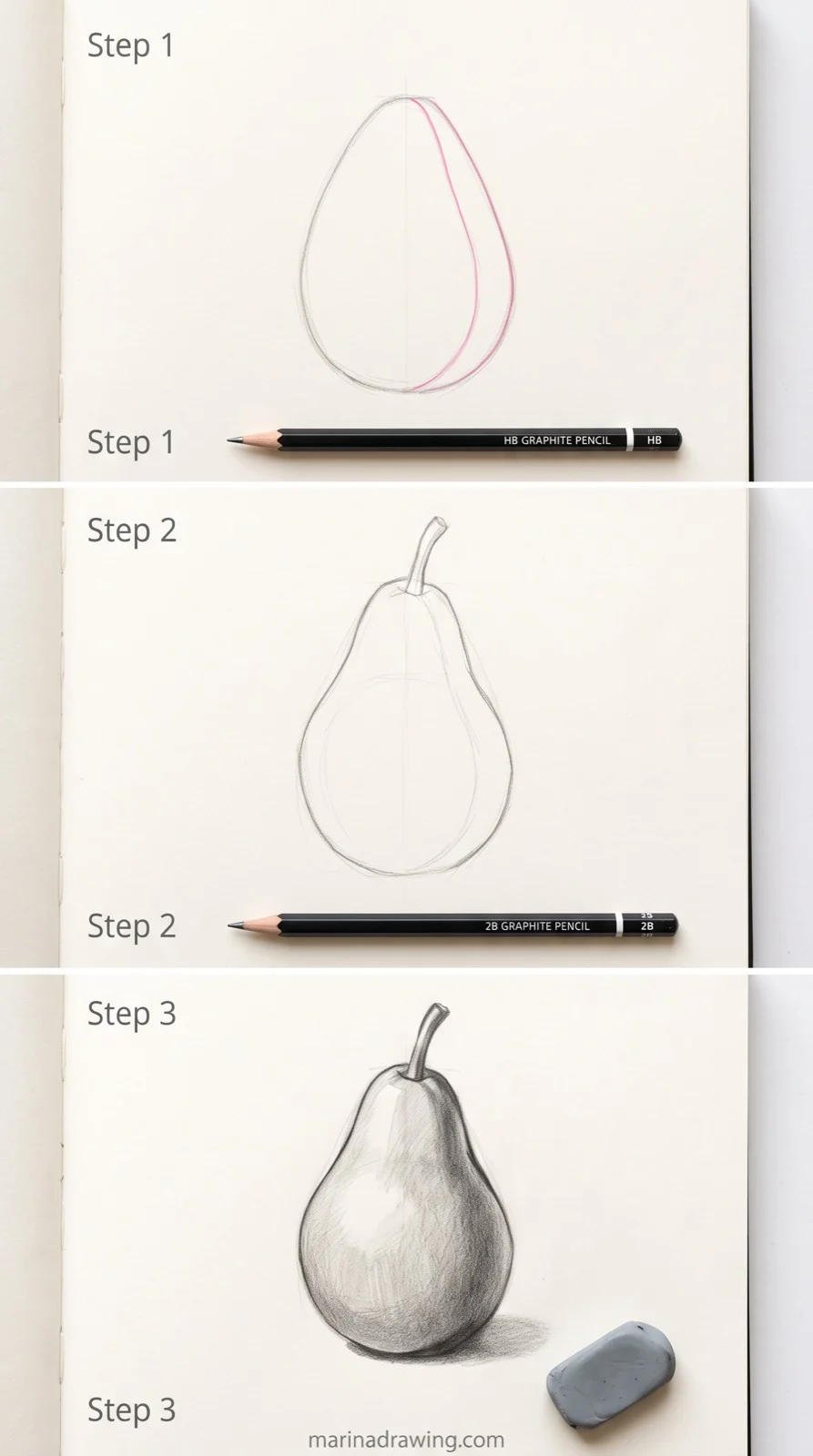 Easy drawings for beginners: the same apple drawn with three pencil pressures, step by step drawing