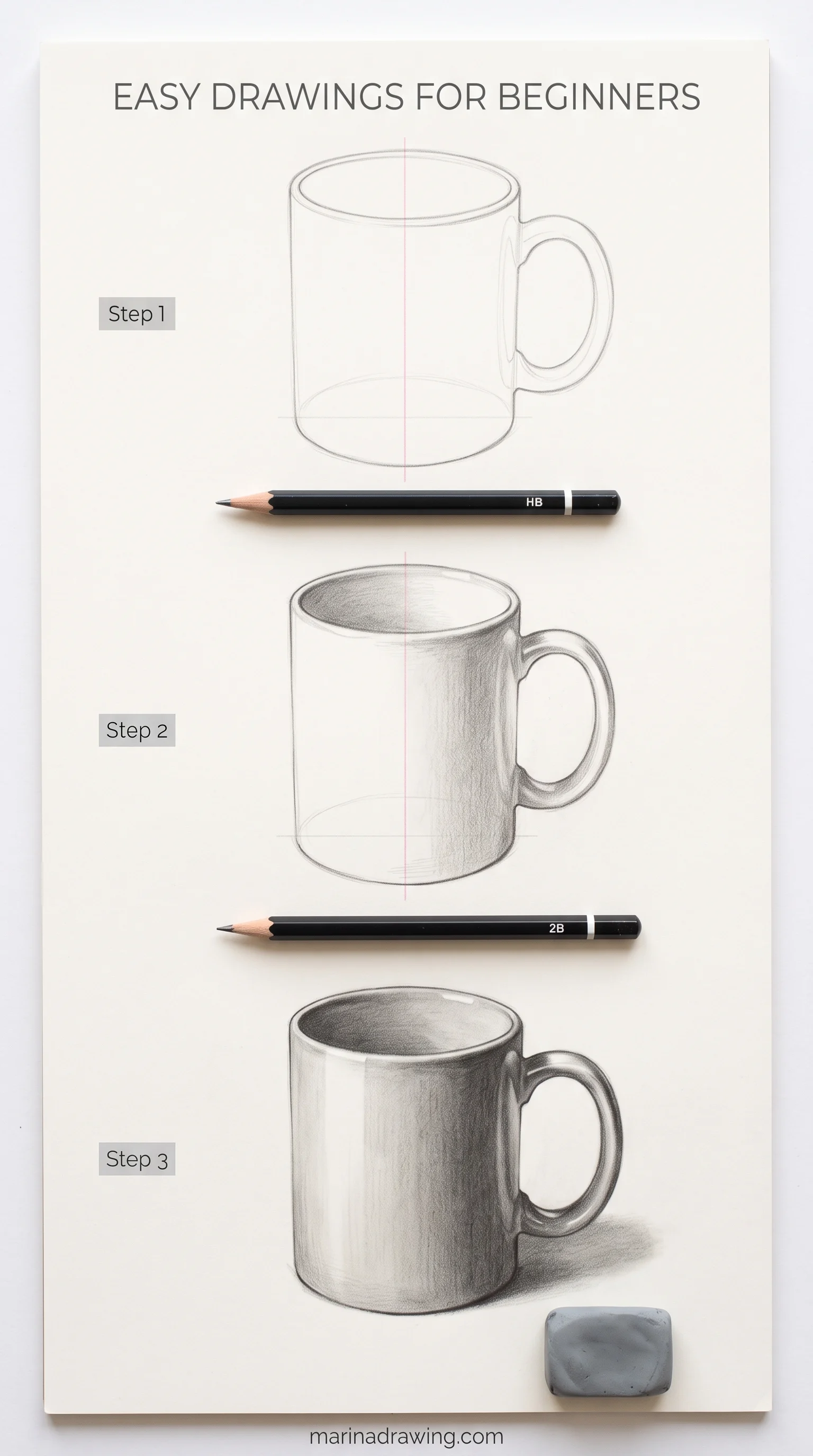 Easy drawings for beginners: a ceramic mug built from a cylinder, then outlined, then shaded, step by step drawing