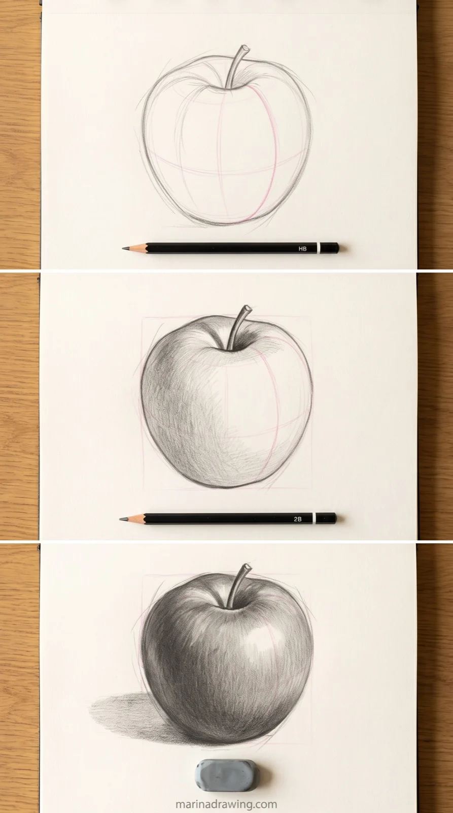 Easy apple drawing for beginners in three steps from light sphere to shaded fruit step by step drawing