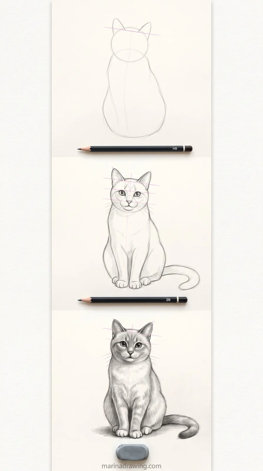 Easy sitting cat drawing for beginners in three steps from light masses to fur shading step by step drawing