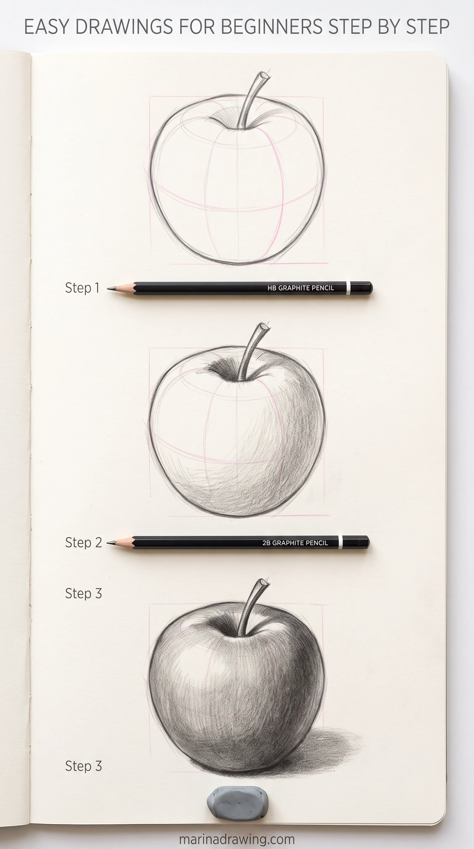 Easy drawings for beginners step by step: an apple drawn over a light sphere in three passes, step by step drawing