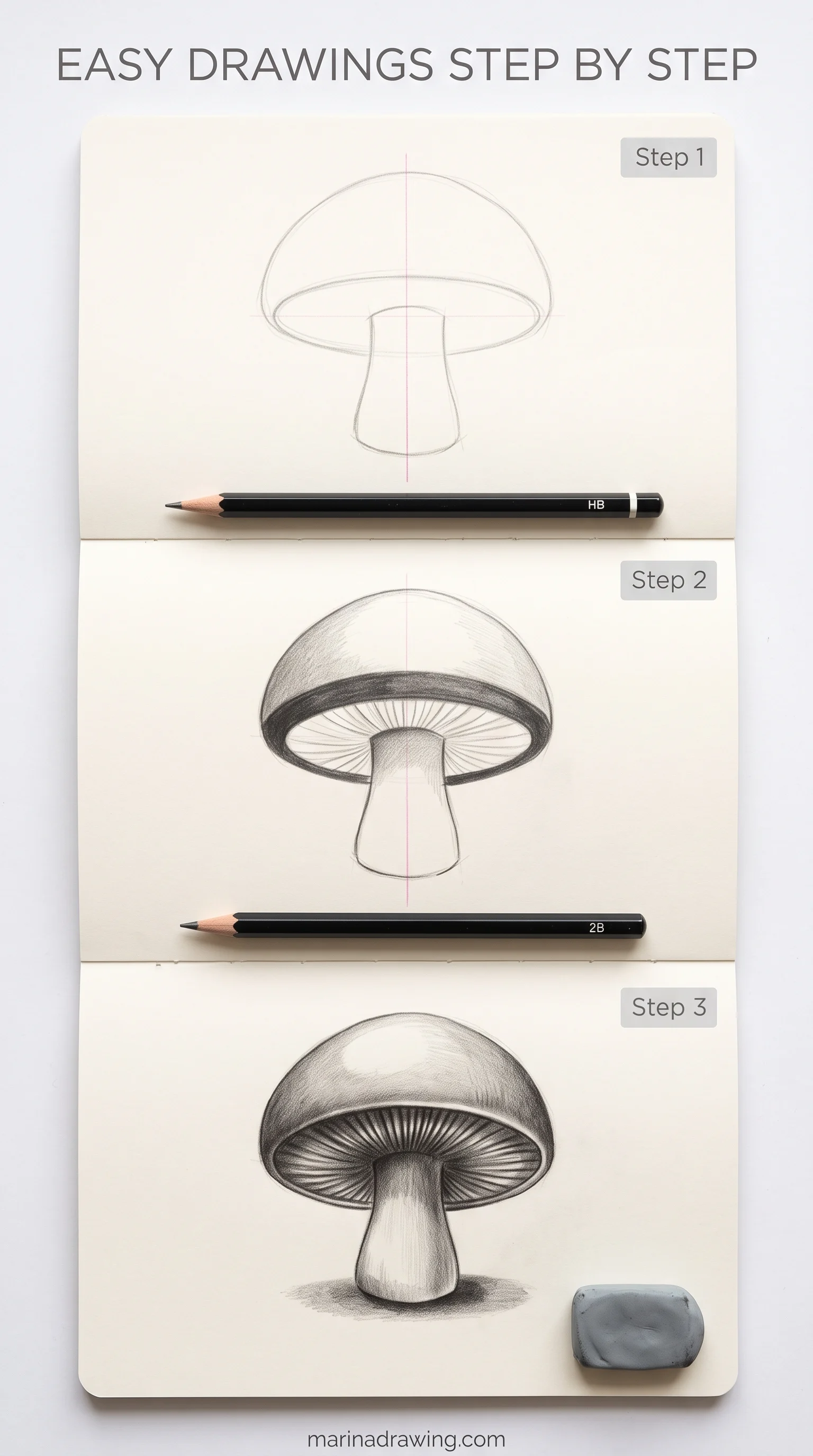 Easy drawings step by step: a mushroom cap and stem measured against each other, step by step drawing