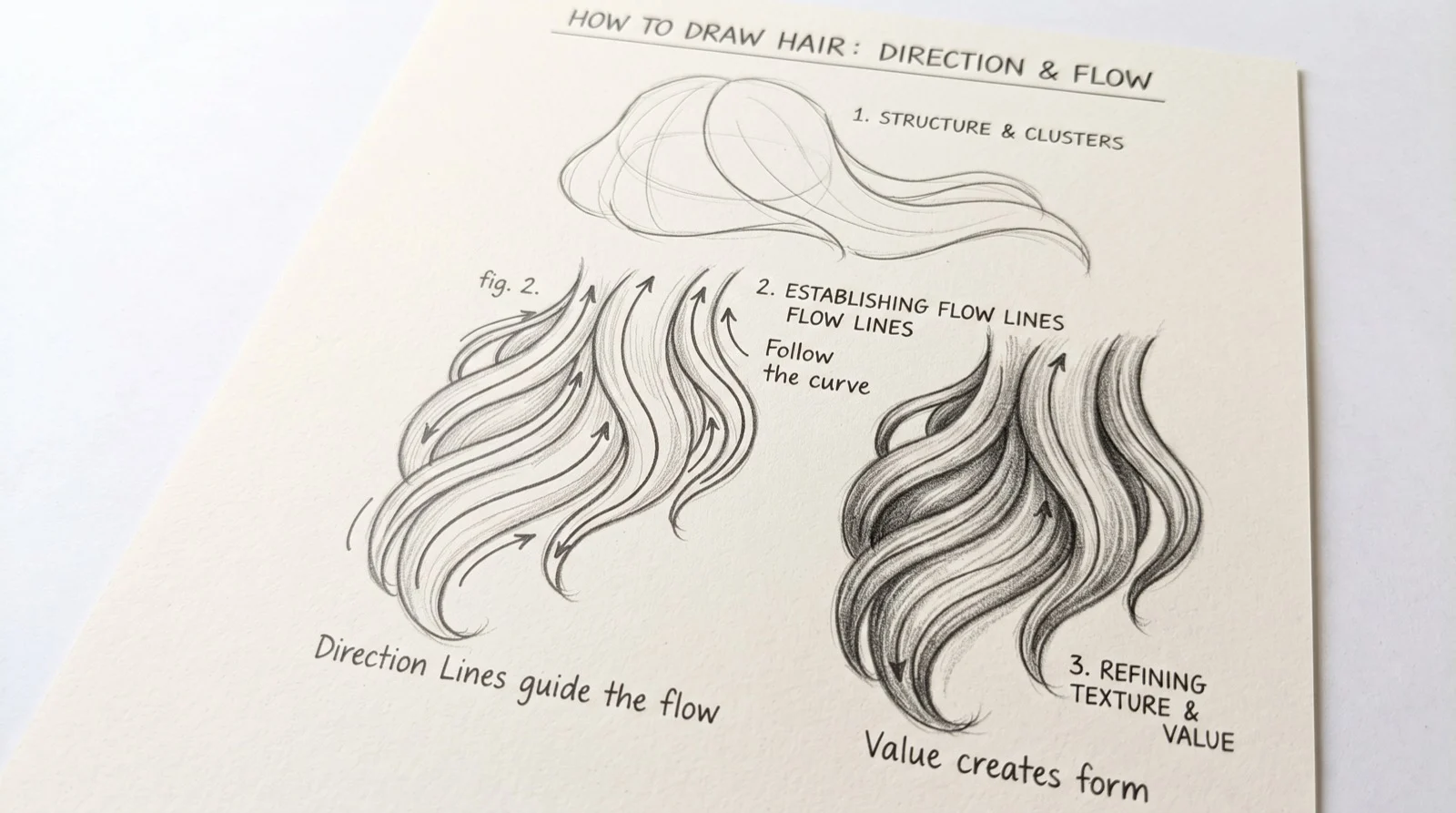 Pencil hair drawing showing direction lines through wavy clusters and value refinement