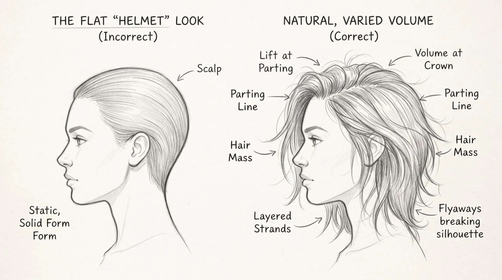 Side-by-side profile drawings: flat helmet hair versus natural varied volume with parting and flyaways
