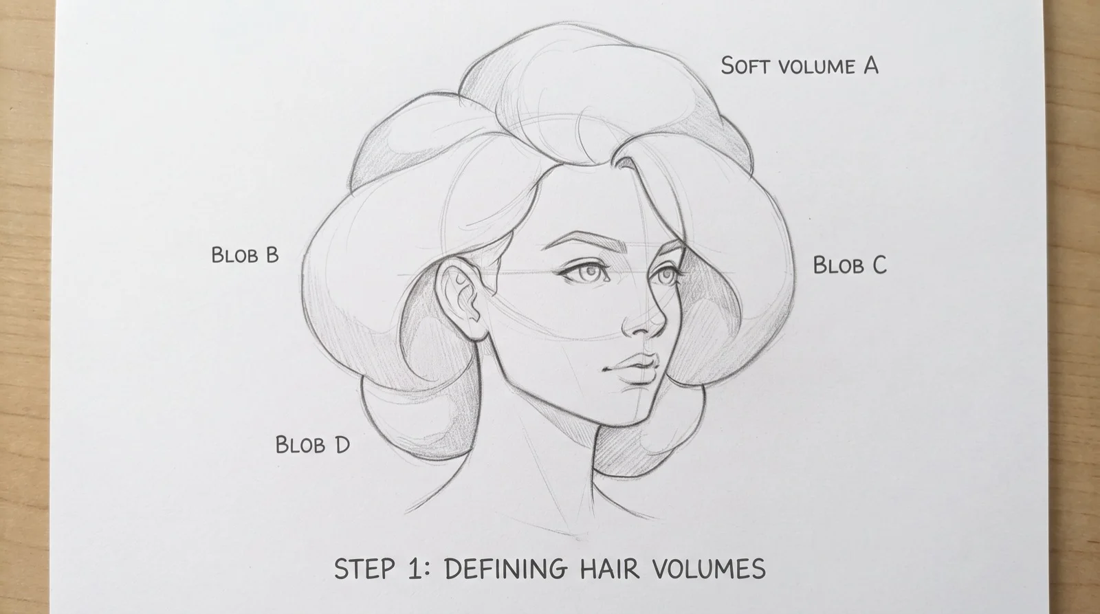 Pencil sketch of a head with hair divided into large soft volume clusters