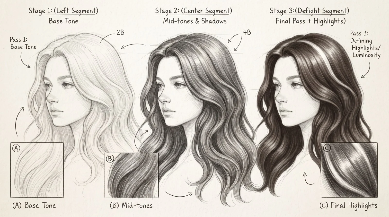 Wavy hair shaded in three passes: base tone, mid-tones and shadows, final highlights