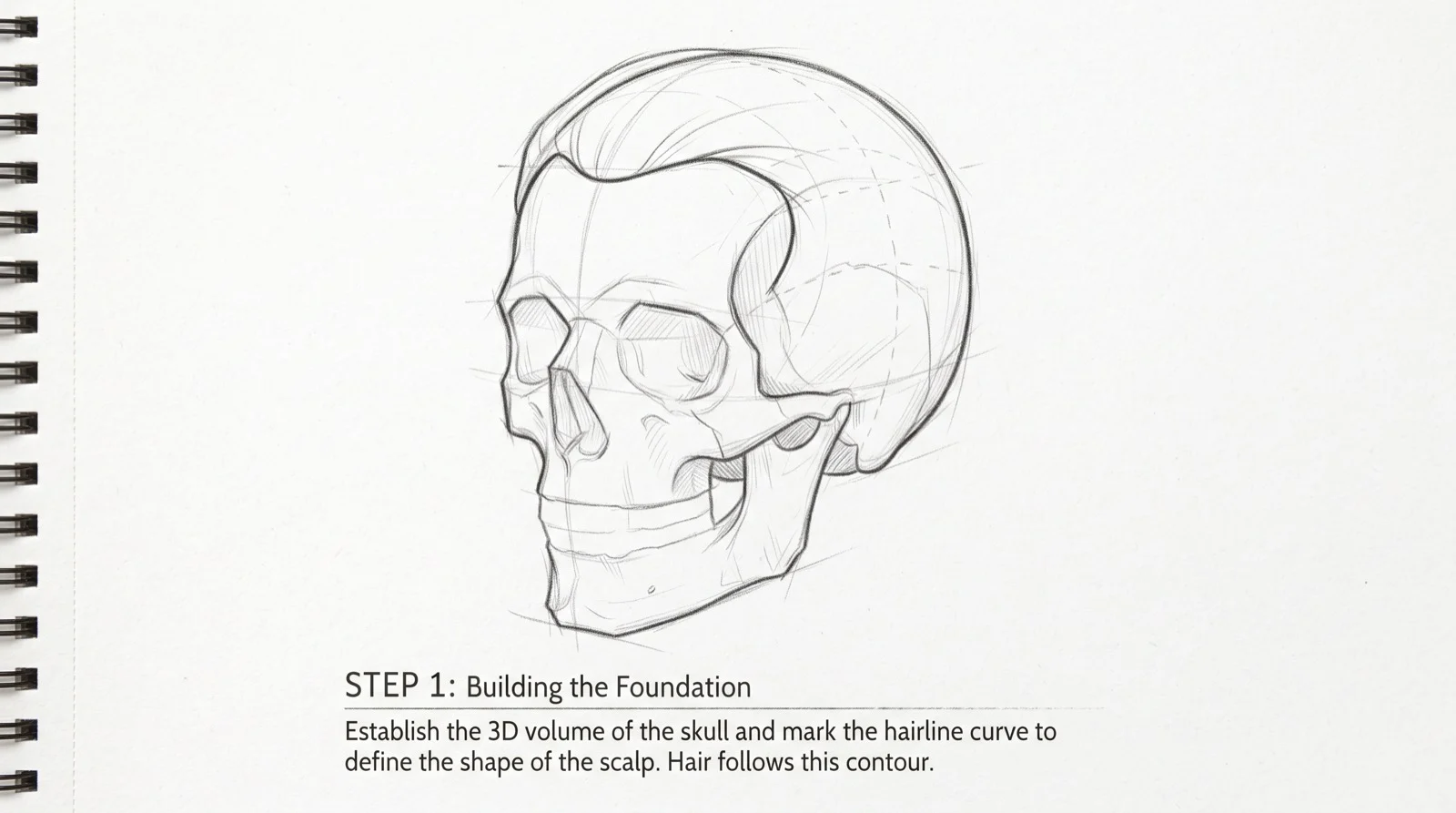 Pencil sketch of a skull with the hairline curve marked as the foundation for drawing hair