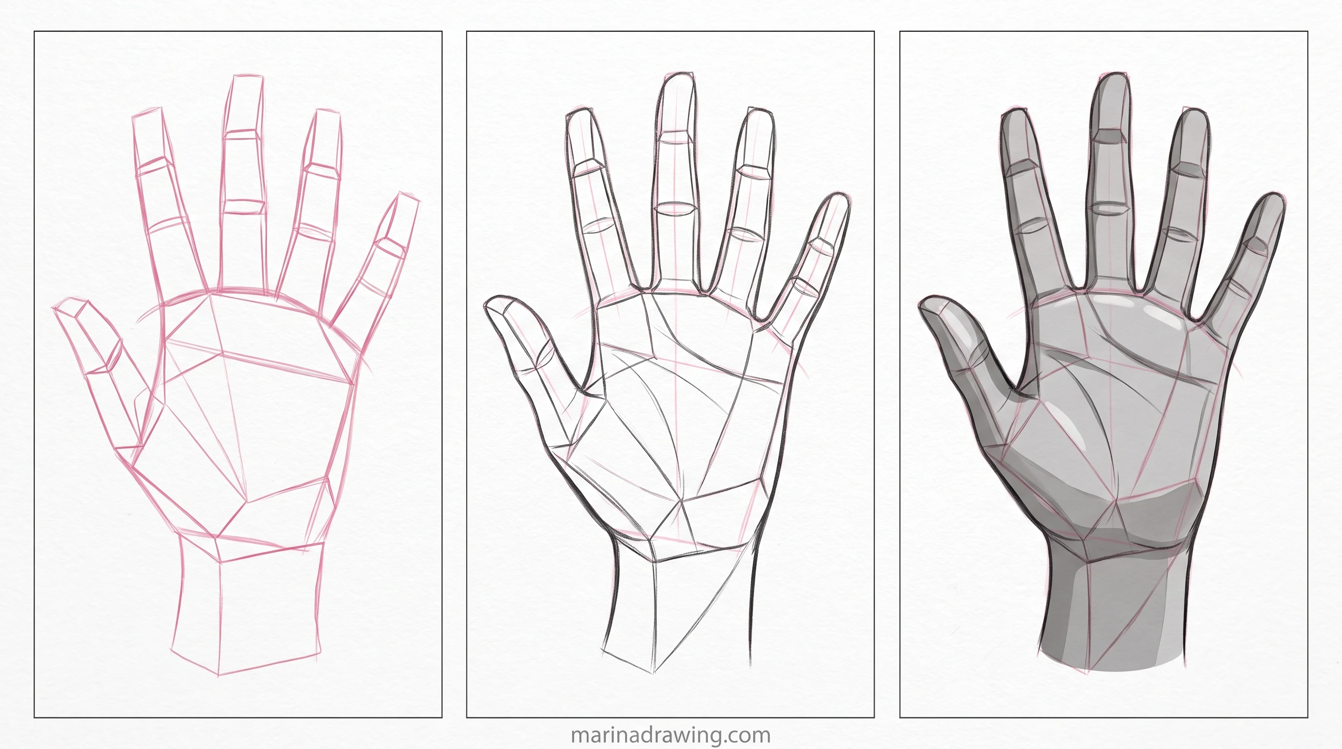 Anime style hand drawn in three panels from construction to finished graphite step by step drawing