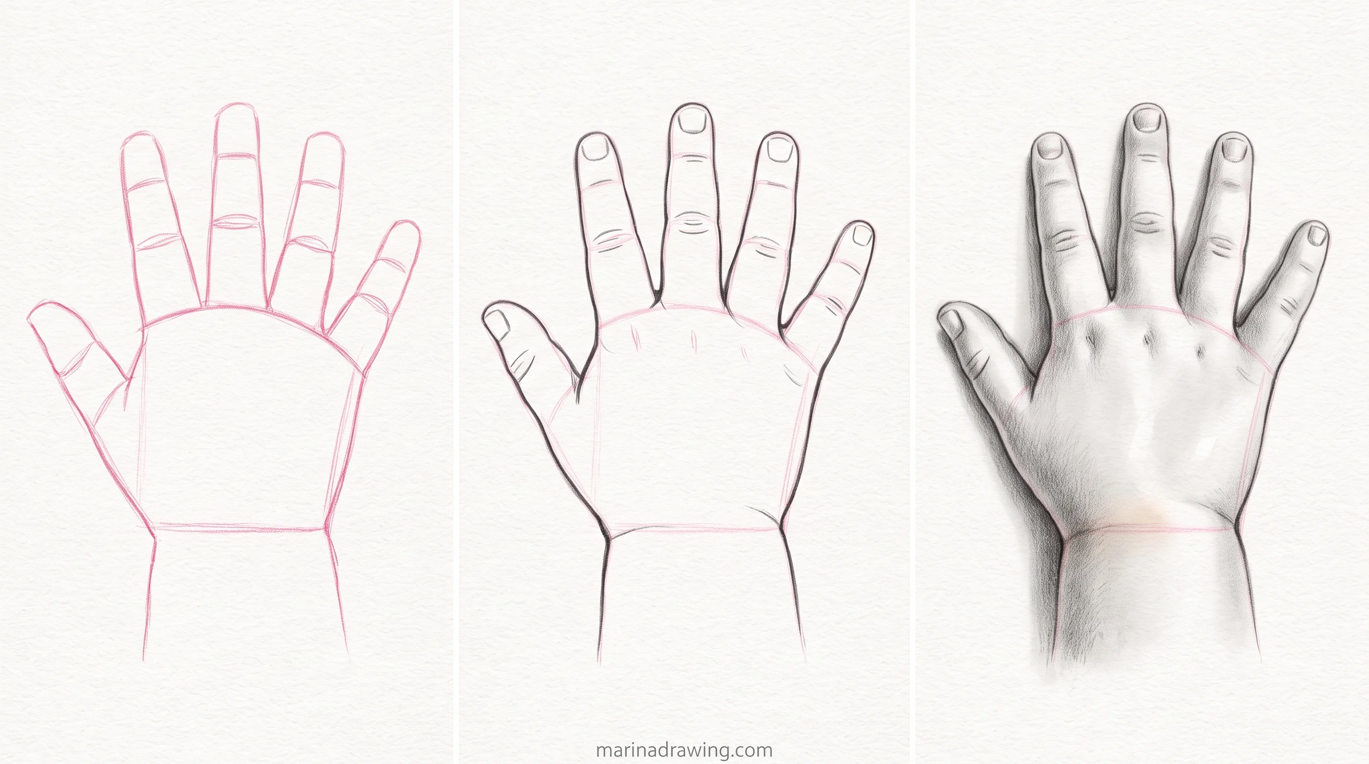 Child hand drawn in three panels from construction to finished graphite step by step drawing