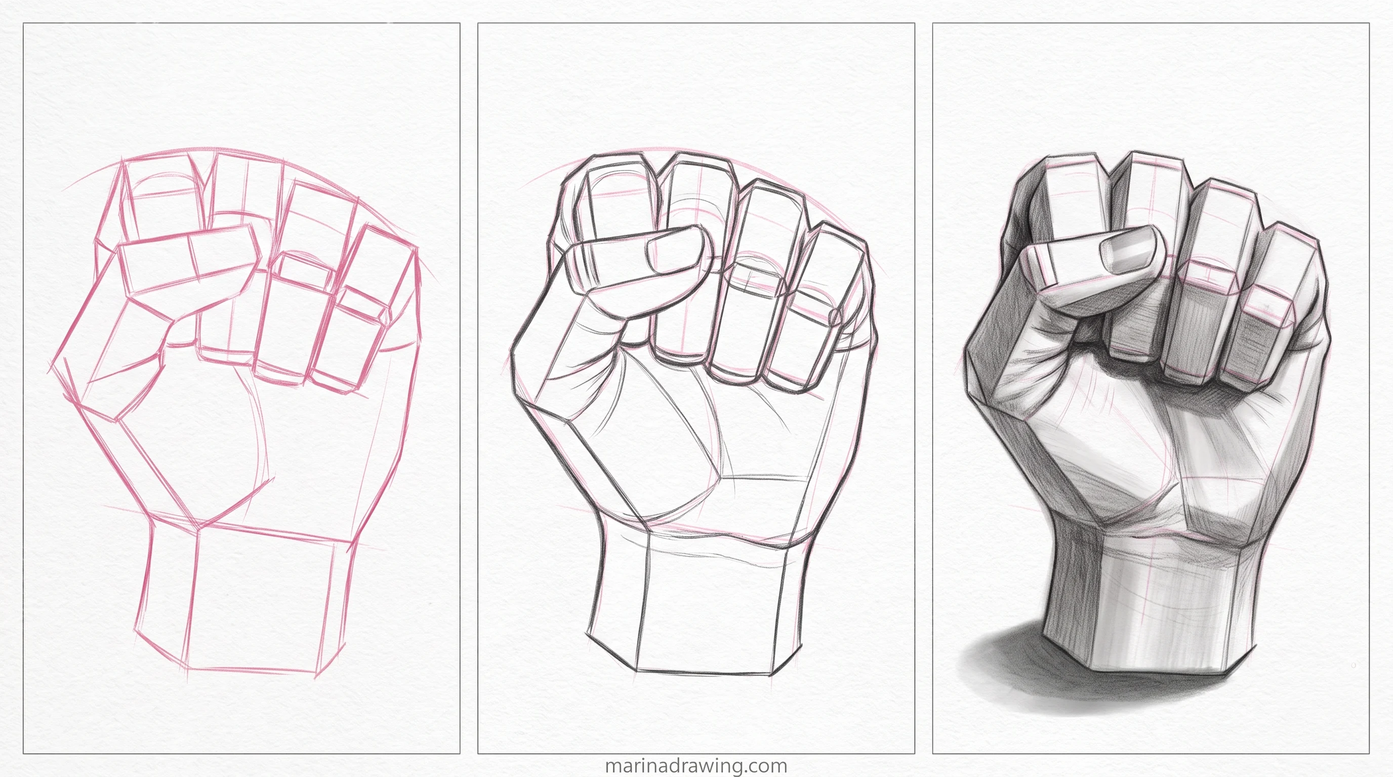 Fist drawn in three panels from construction to finished graphite step by step drawing