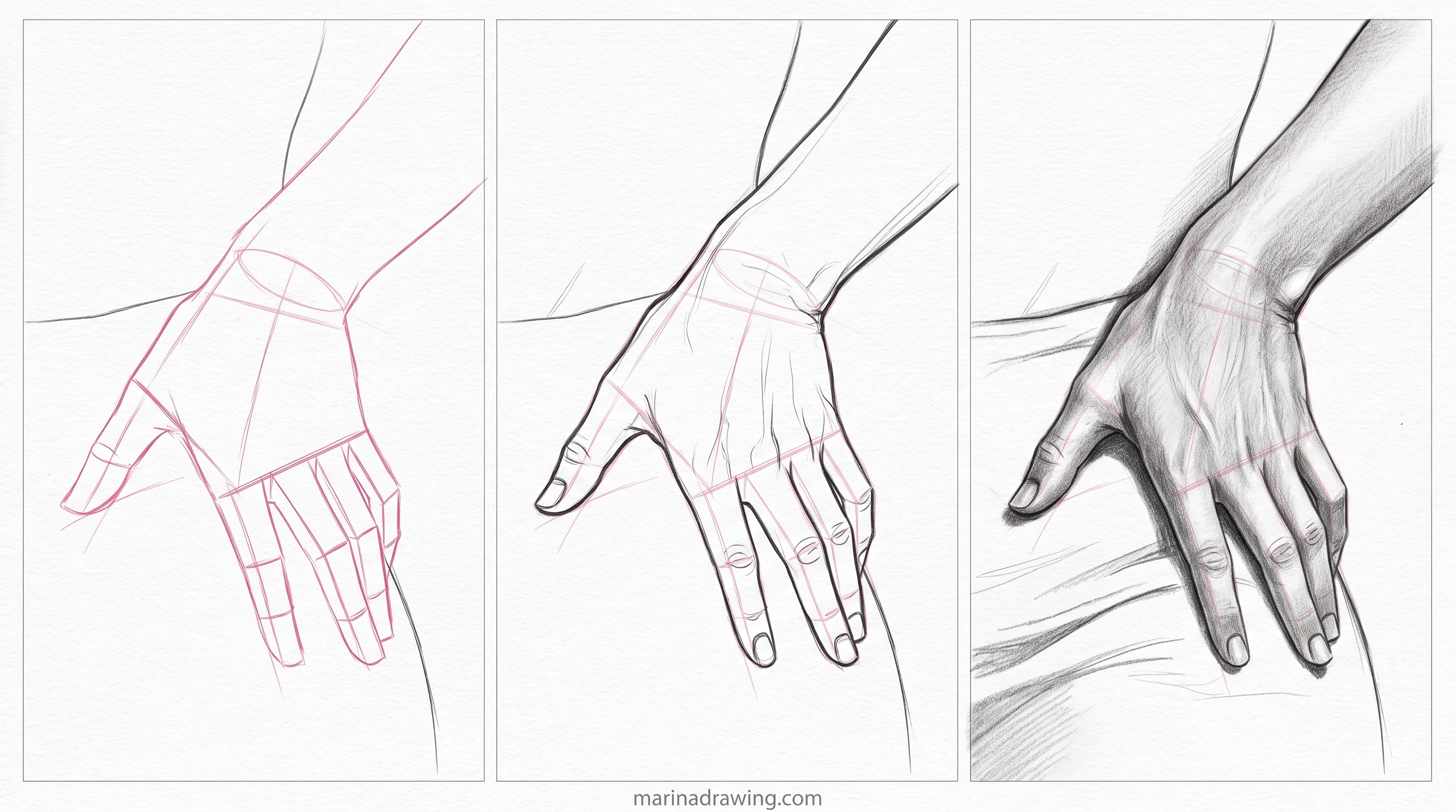 Hand resting on hip drawn in three panels from construction to finished graphite step by step drawing
