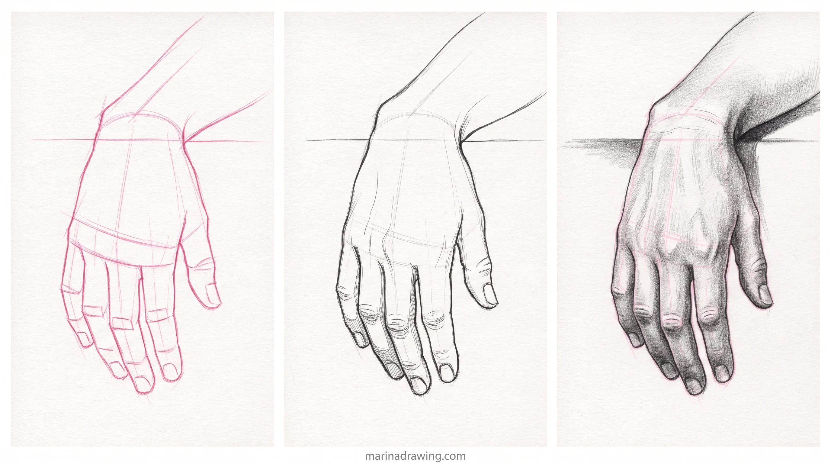 Hand hanging over an edge drawn in three panels from construction to finished graphite step by step drawing