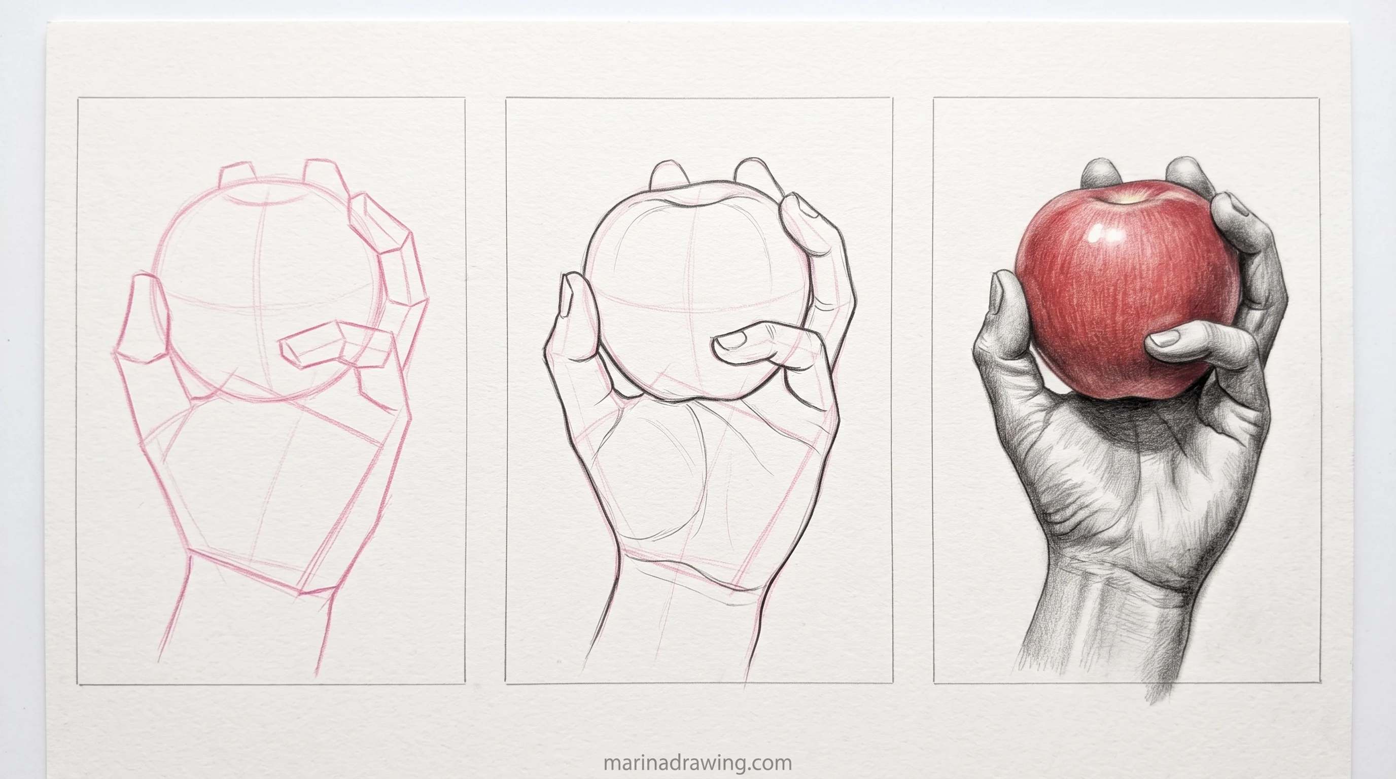 Hand holding an apple drawn in three panels from construction to finished graphite step by step drawing
