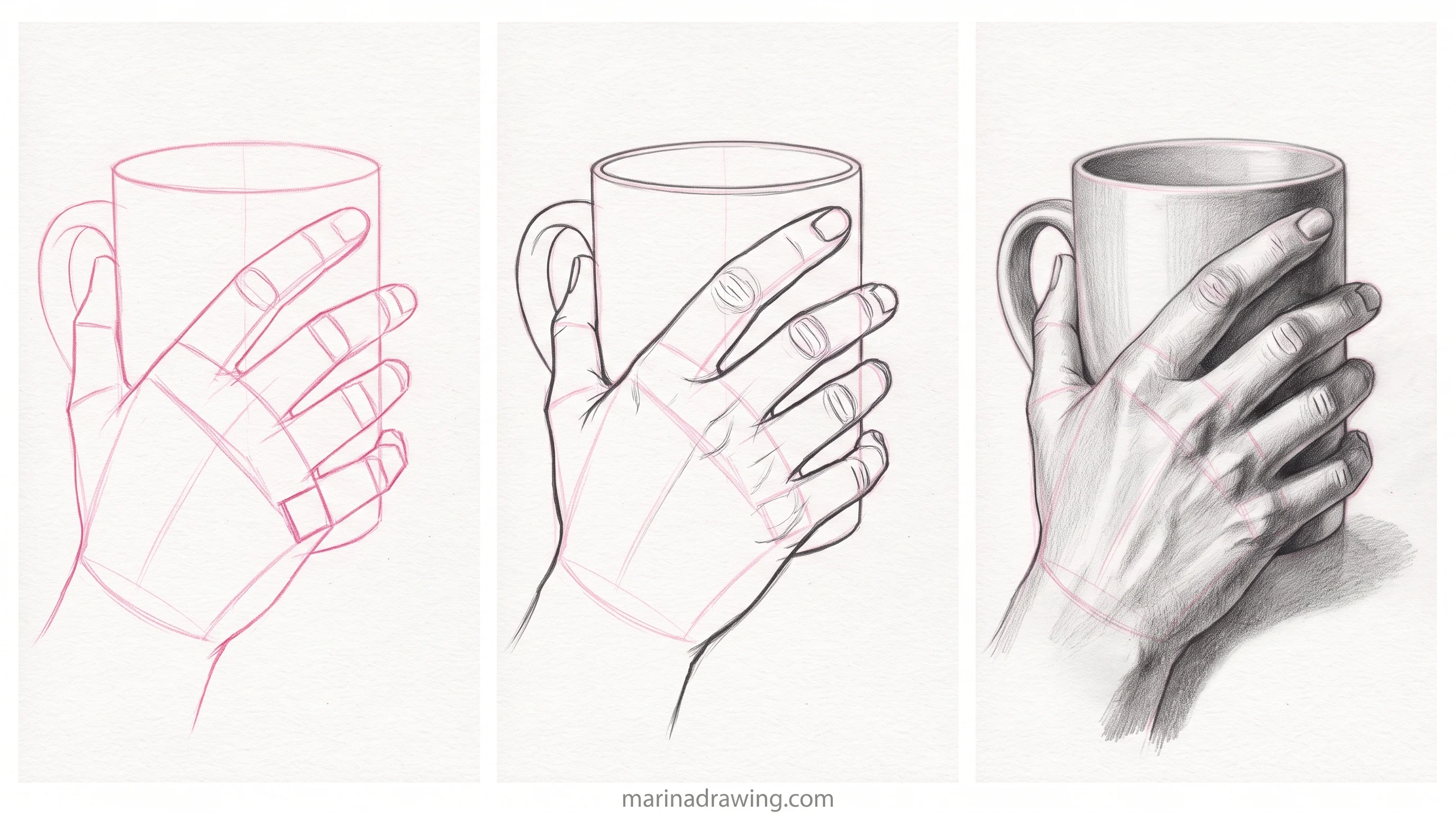 Hand holding a mug drawn in three panels from construction to finished graphite step by step drawing