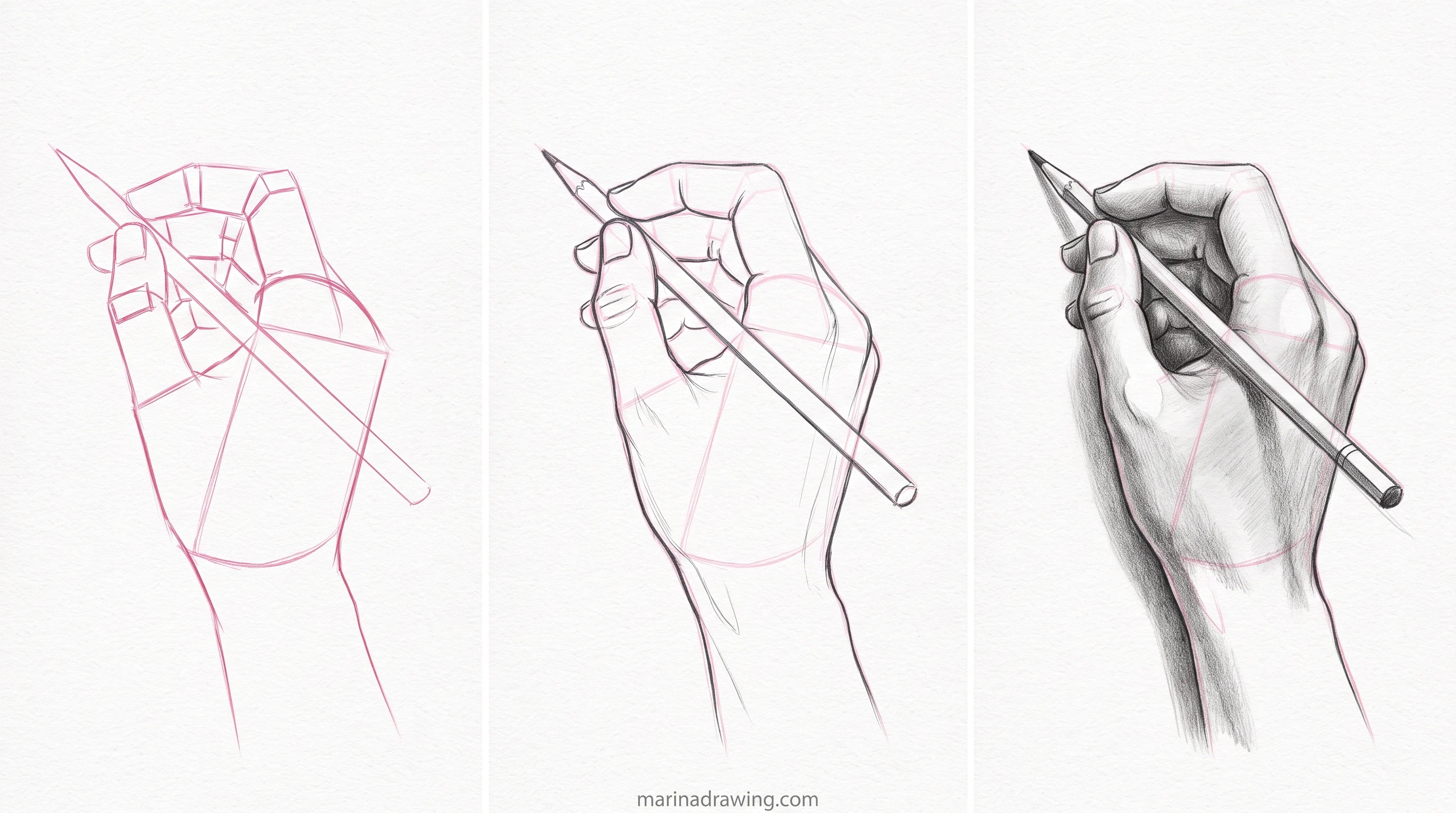Hand holding a pencil drawn in three panels from construction to finished graphite step by step drawing