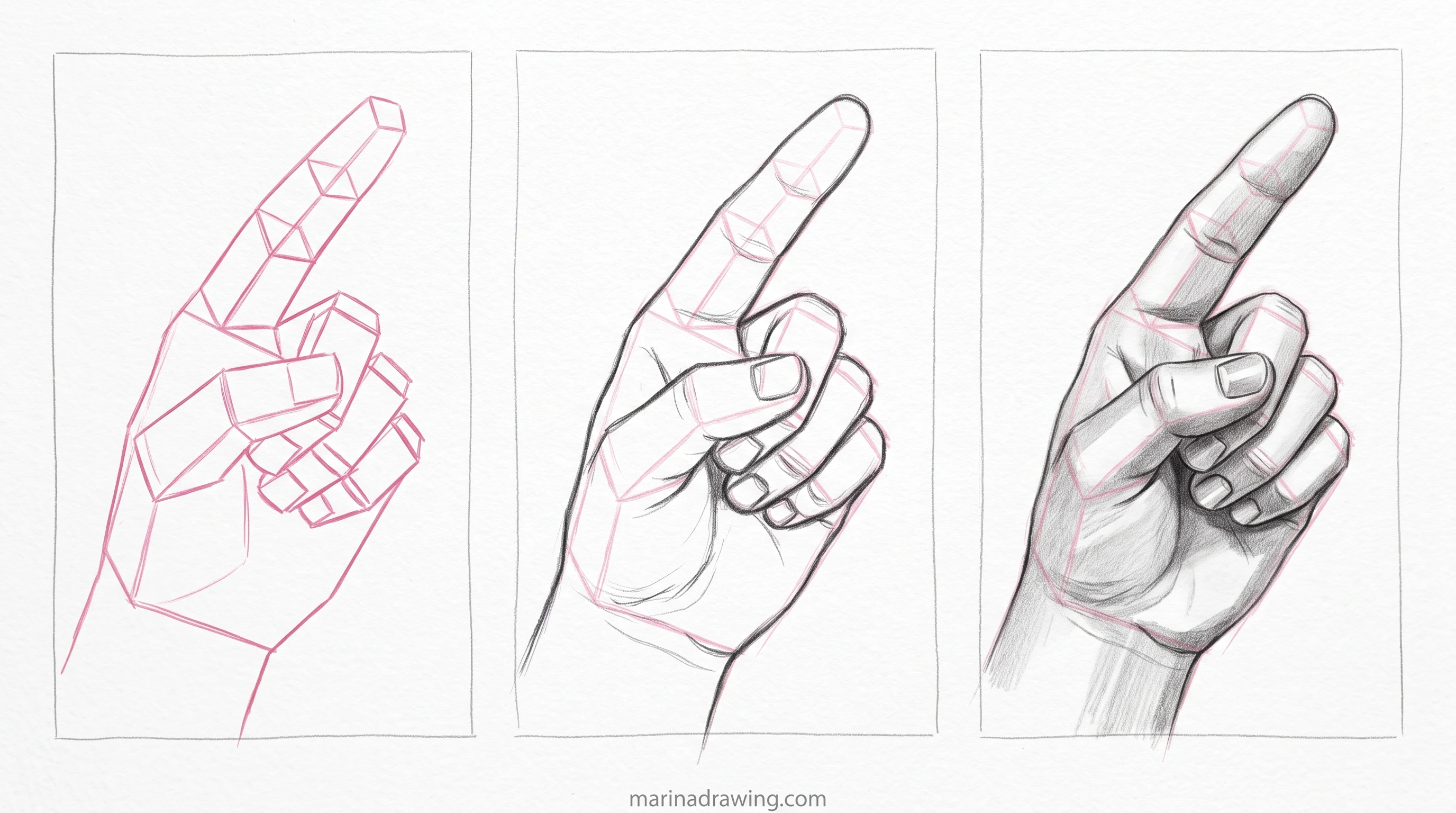 Pointing finger drawn in three panels from construction to finished graphite step by step drawing