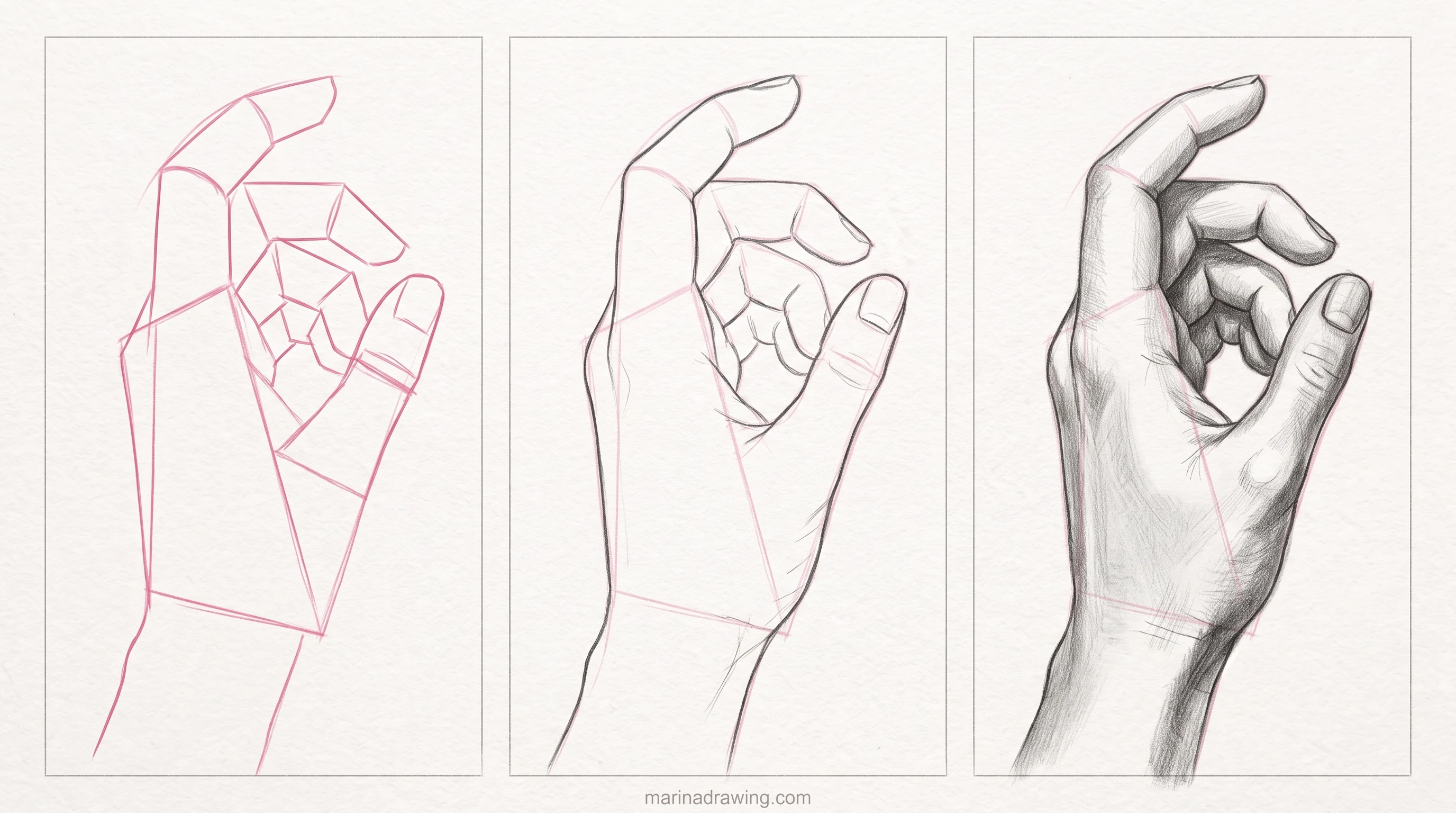 Hand in profile drawn in three panels from construction to finished graphite step by step drawing