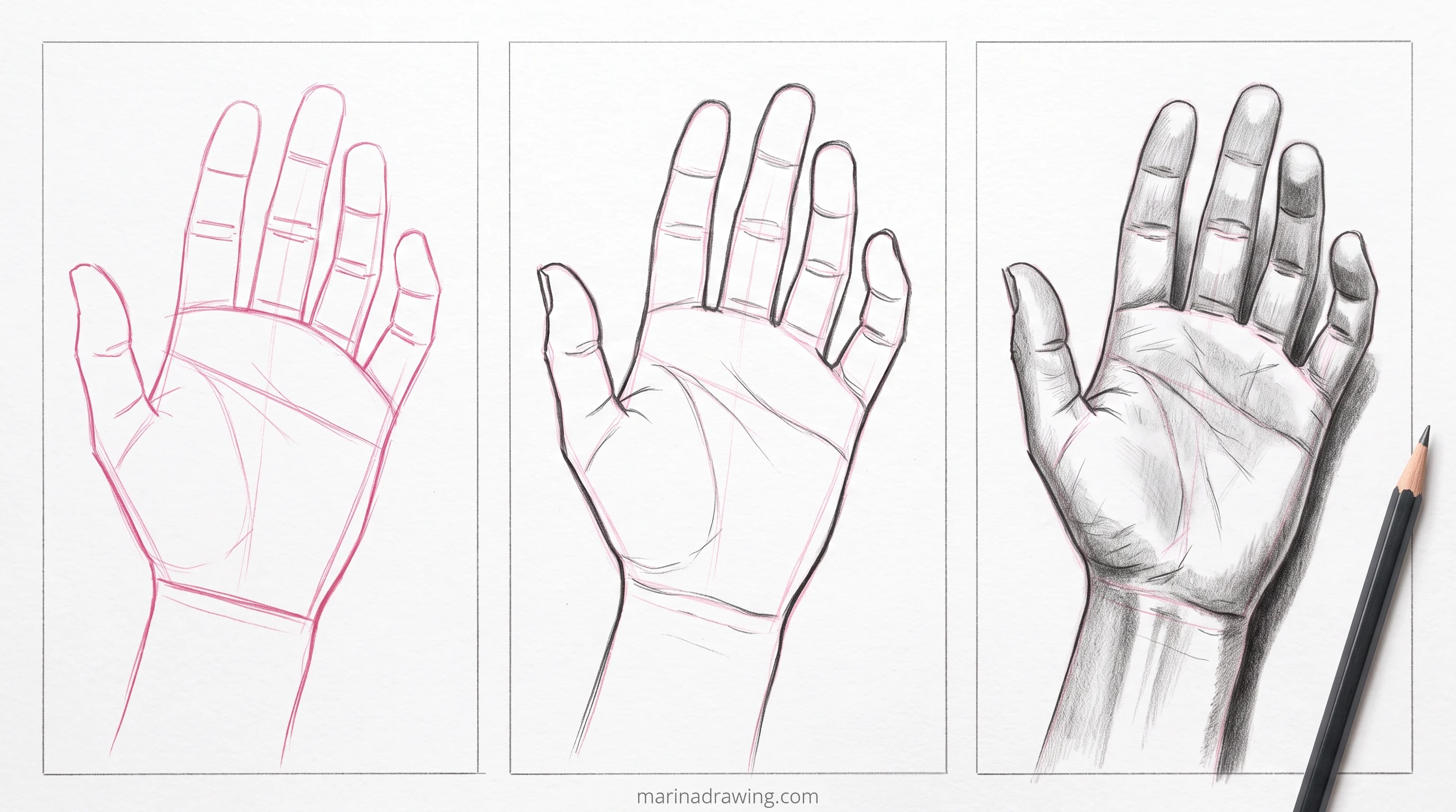 Relaxed hand drawn in three panels from construction to finished graphite step by step drawing