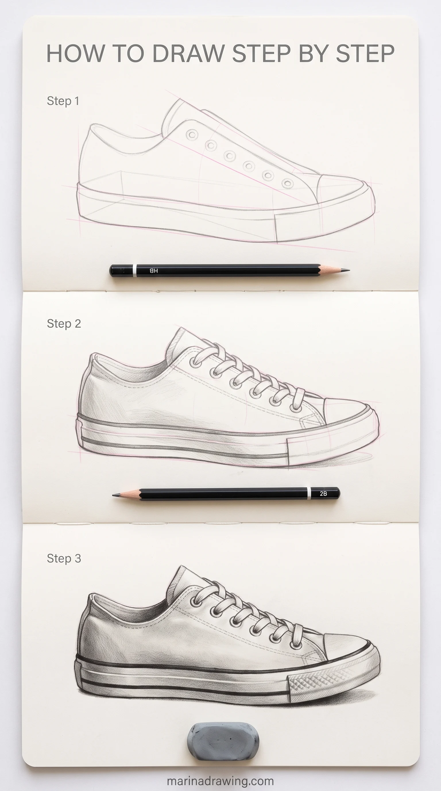 How to draw step by step: a canvas sneaker blocked into a wedge before the laces, step by step drawing