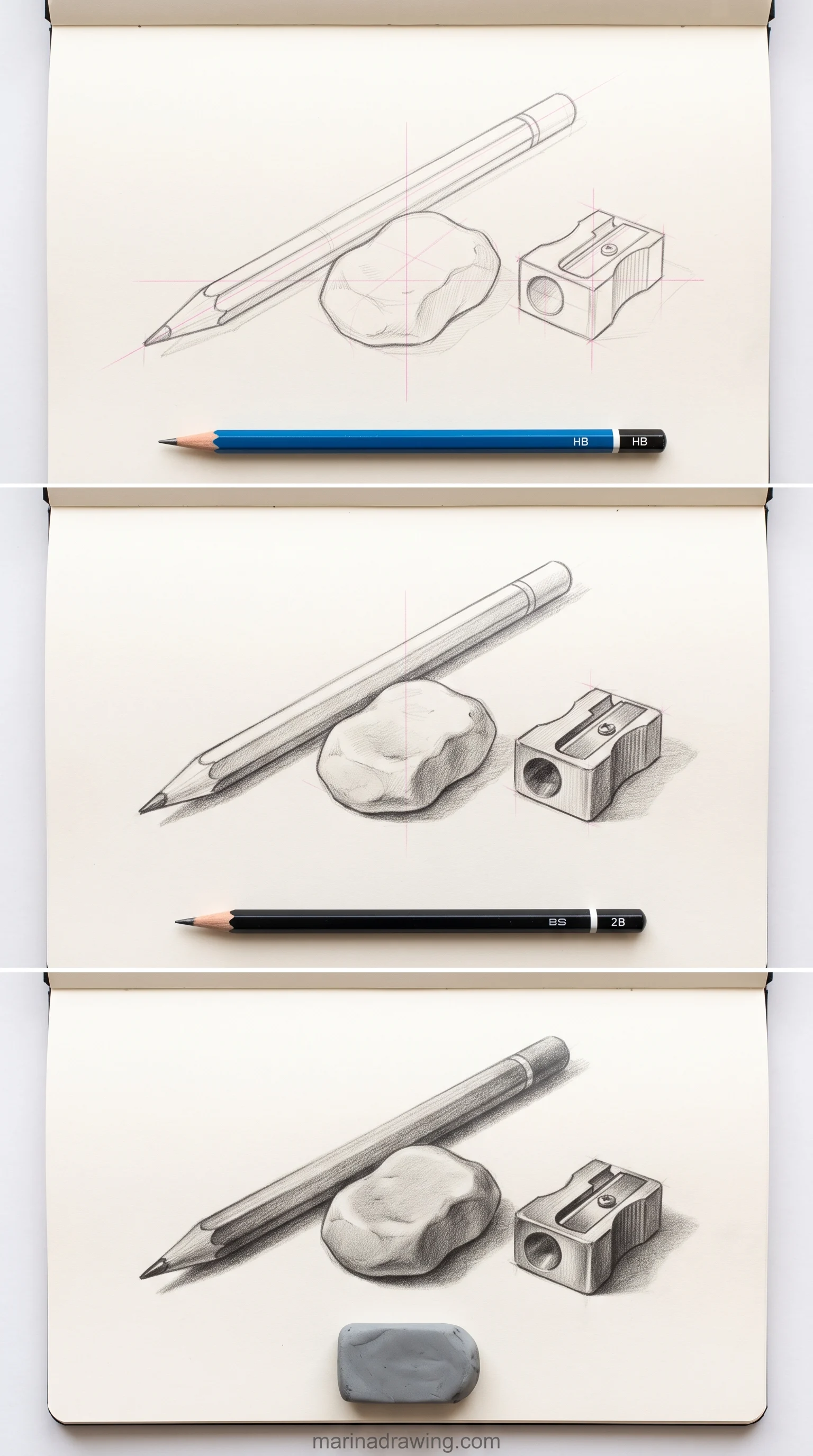 Pencil, kneaded eraser and sharpener drawn in three stages on a sketchbook spread, step by step drawing