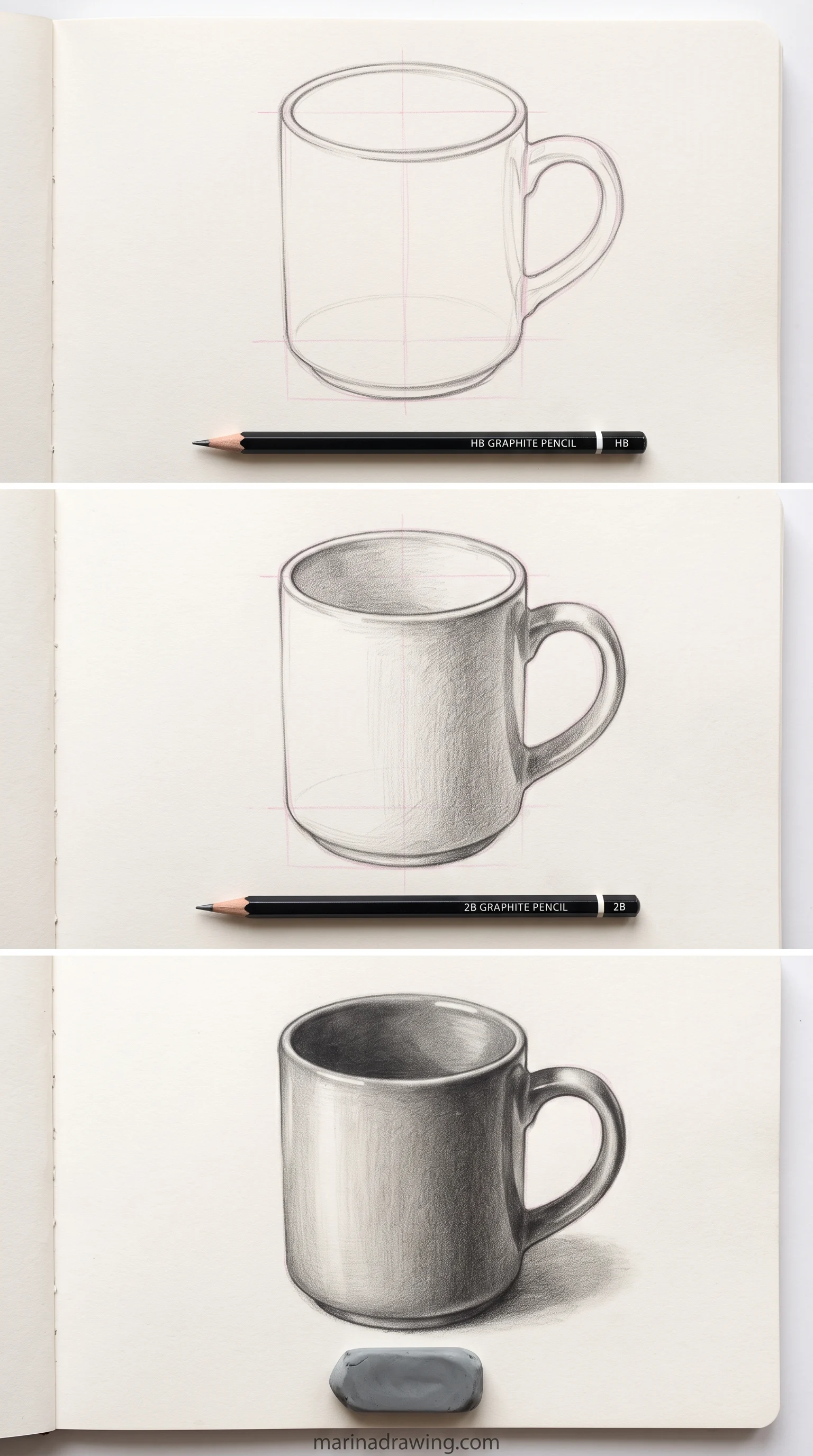 Easy mug drawing for beginners on a sketchbook page in three panels, step by step drawing