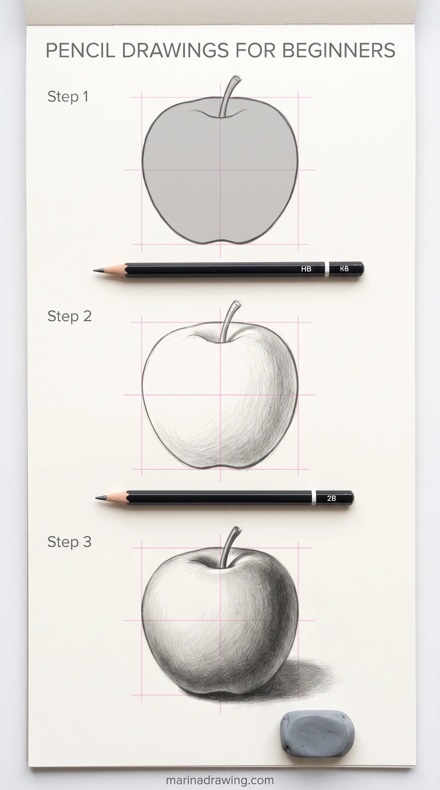 Pencil drawings for beginners: an apple drawn over a light sphere with a proportion grid, step by step drawing
