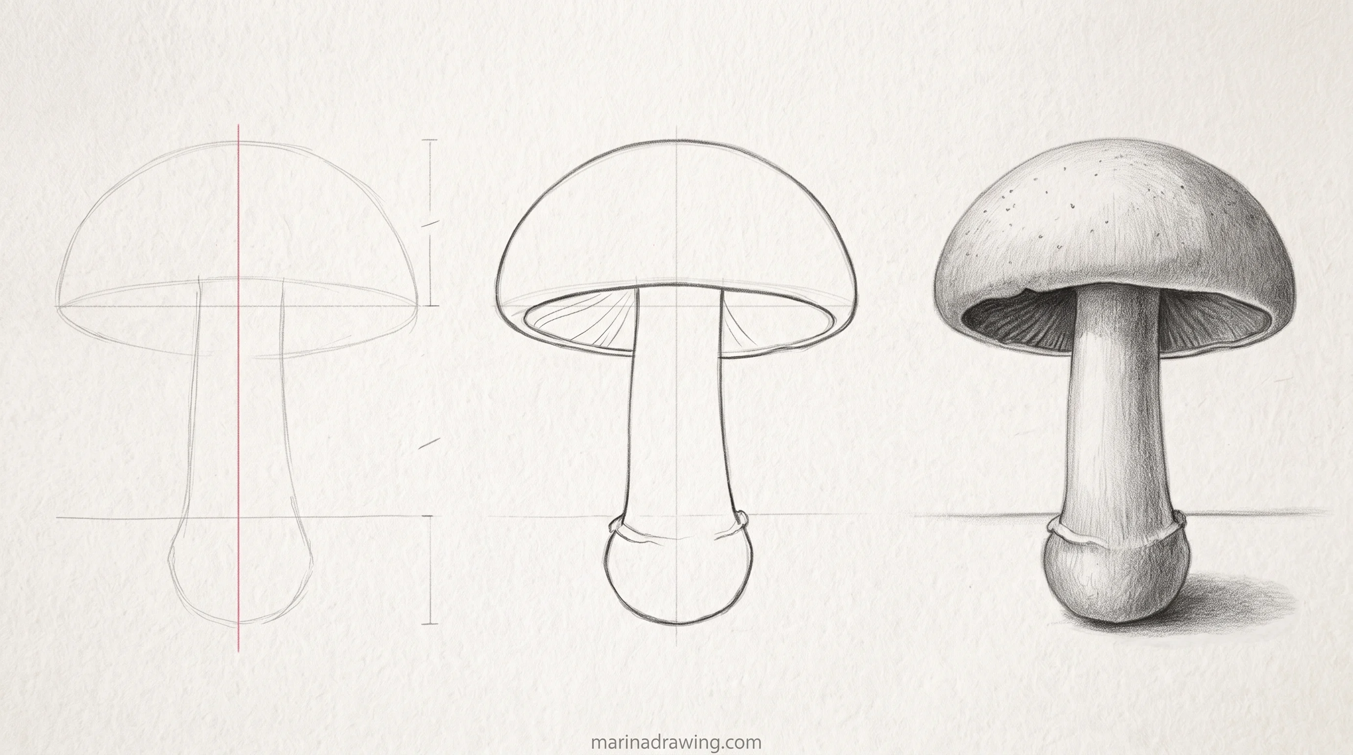 Mushroom drawn in three panels from construction to finished graphite step by step drawing