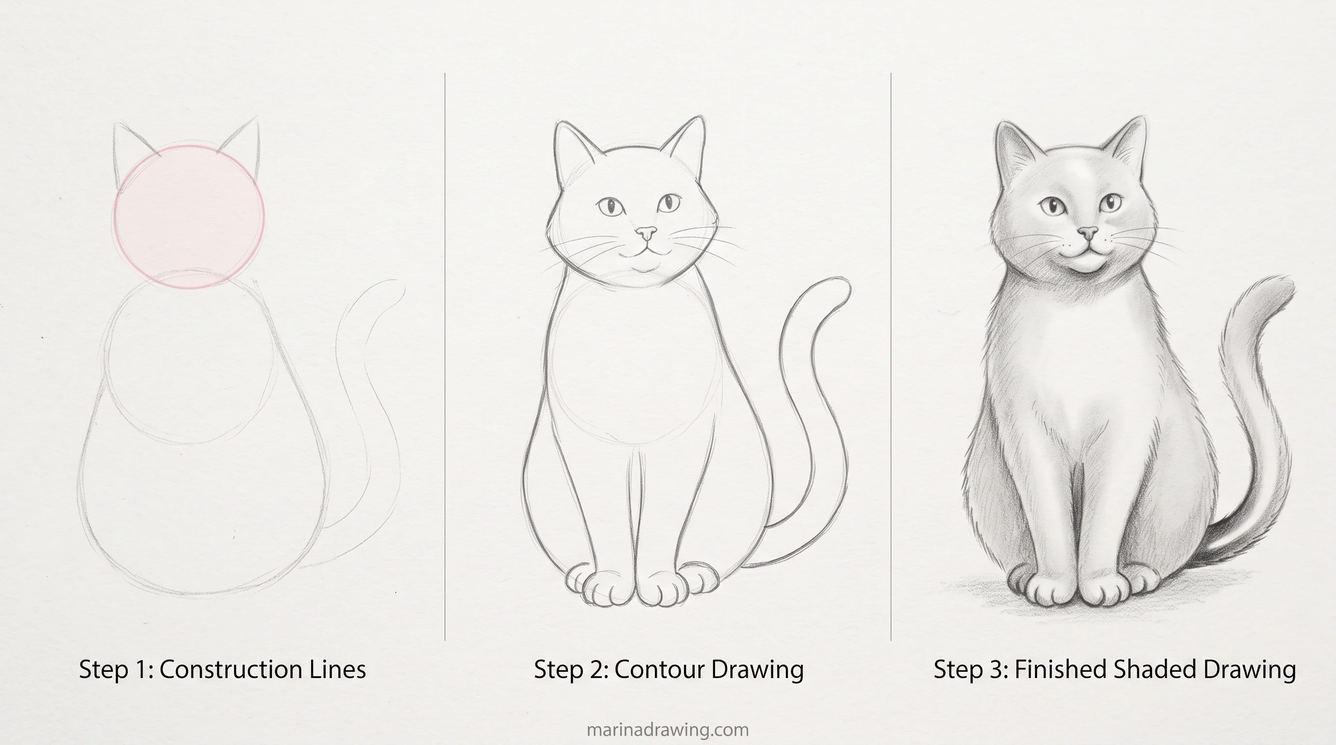 three shapes drawn in three panels from construction to finished graphite step by step drawing