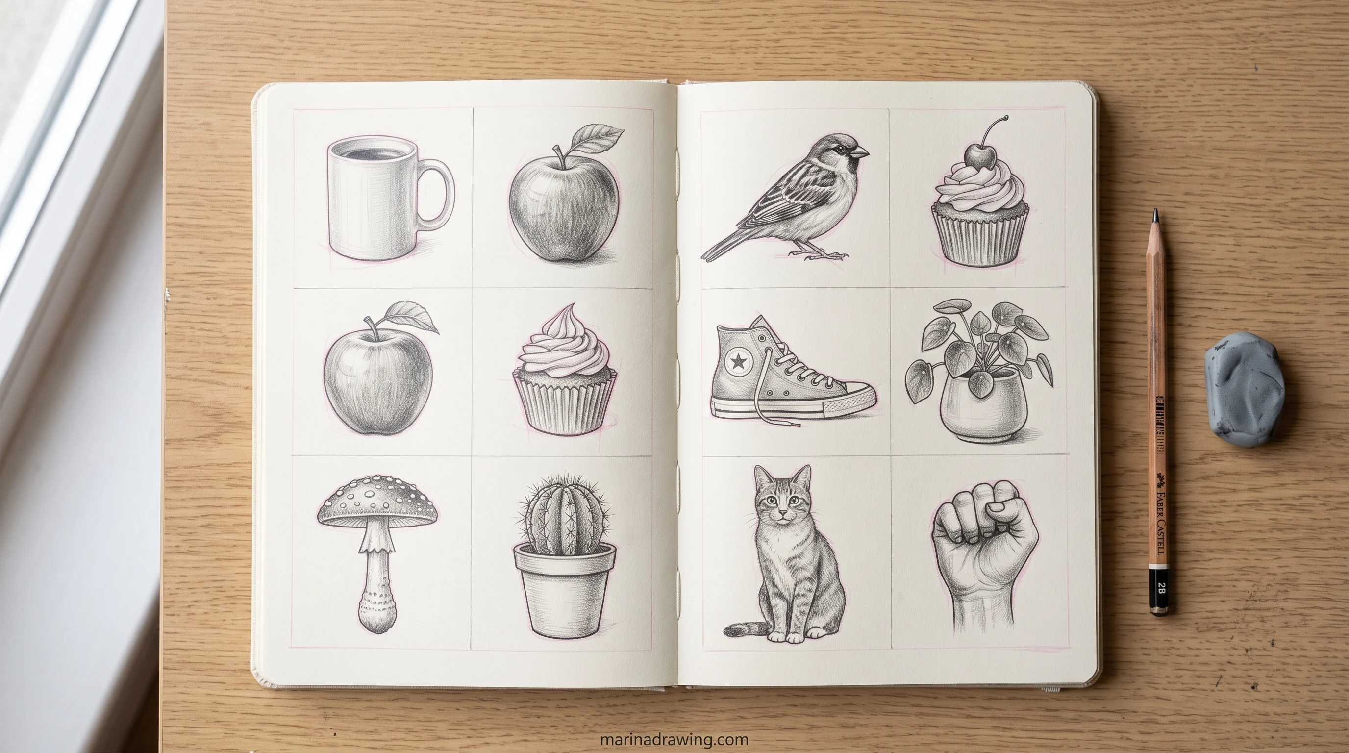 Ten finished beginner pencil drawings on one sketchbook spread, step by step drawing