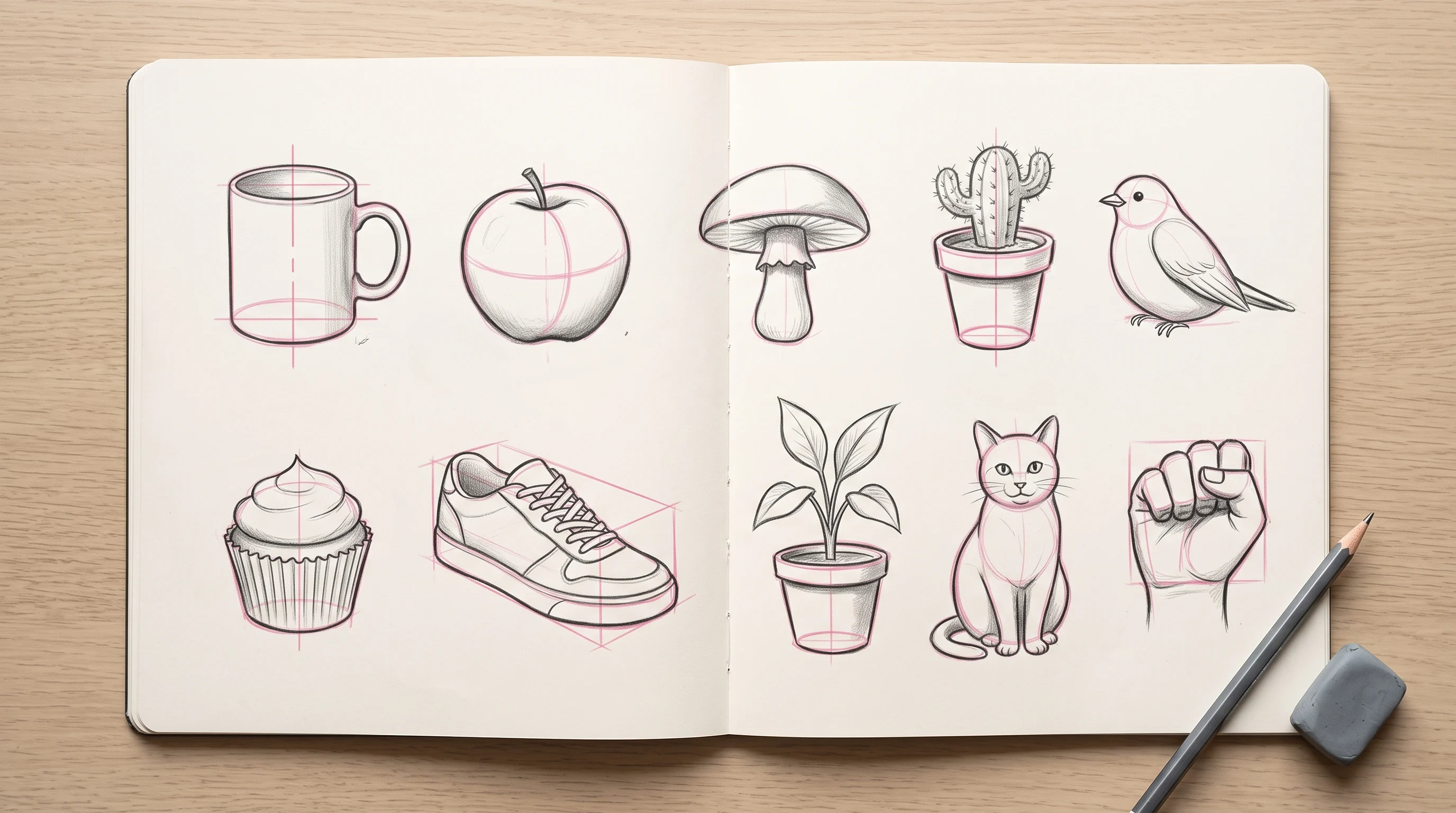 Ten easy drawing subjects for beginners with construction lines on one sketchbook spread, step by step drawing