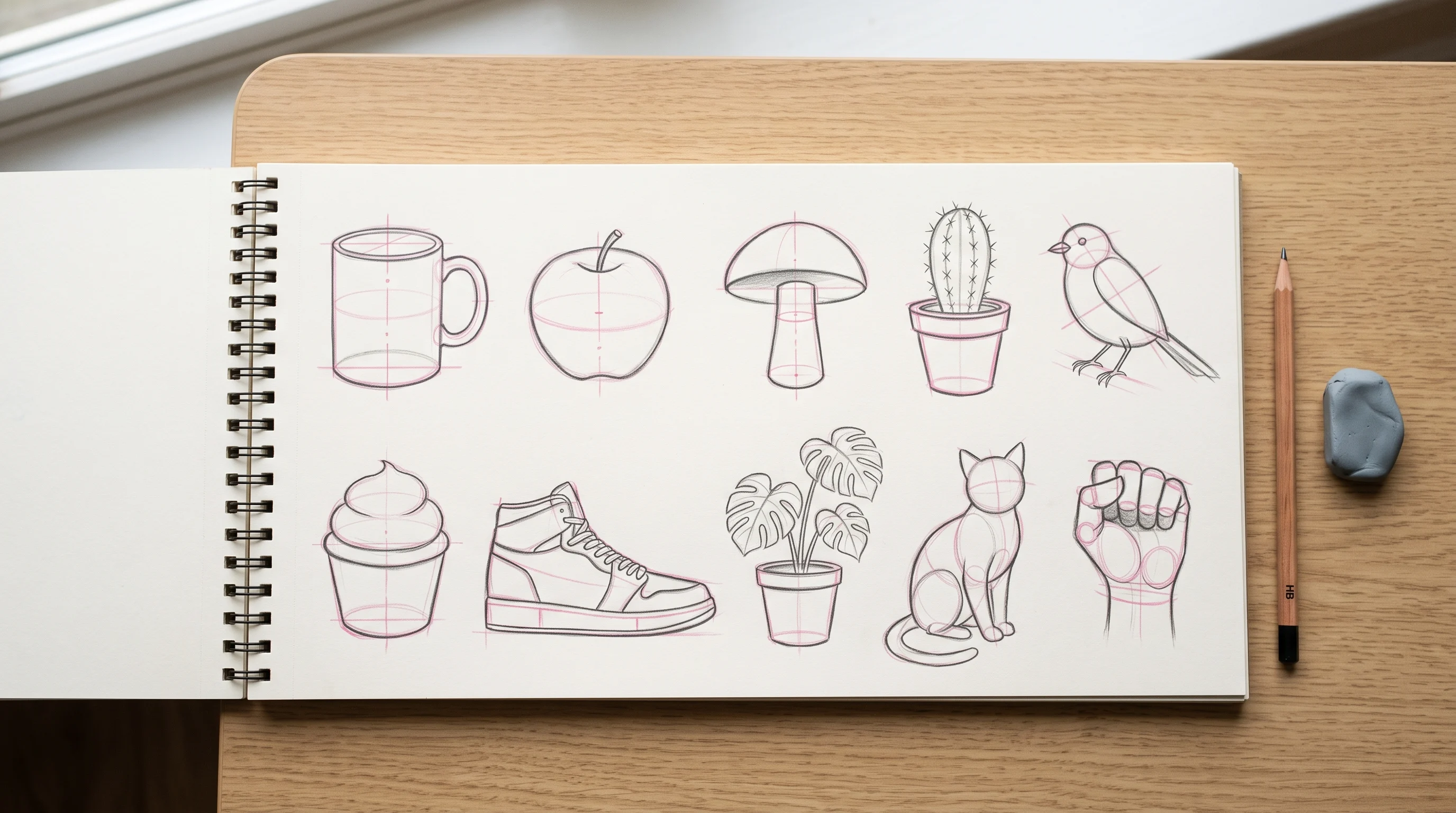 Ten easy things to draw for beginners sketched with construction lines in a spiral pad, step by step drawing