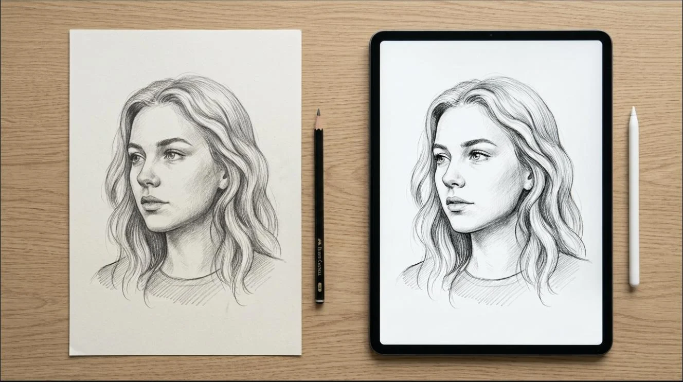 Same portrait drawn in graphite on paper and in Procreate on an iPad side by side