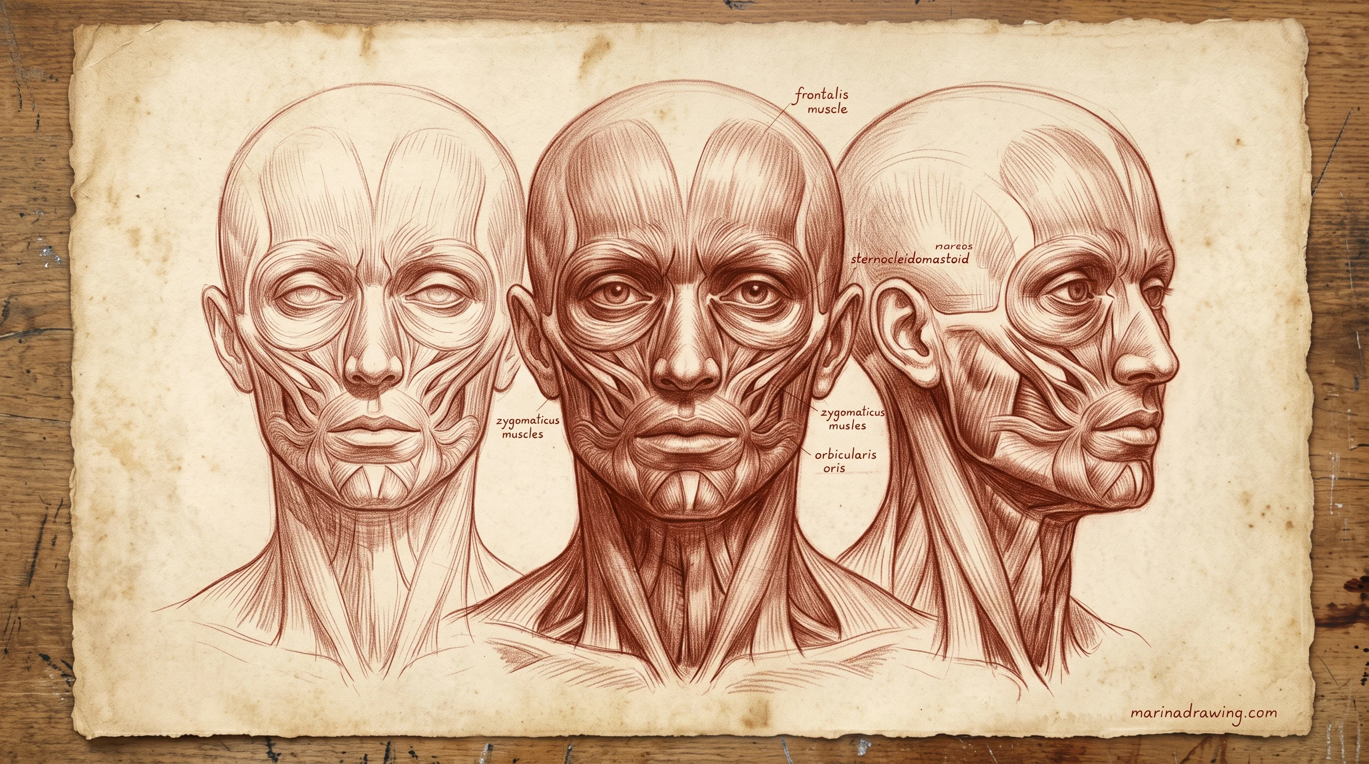 Anatomical facial chalk study showing skull and muscle structure