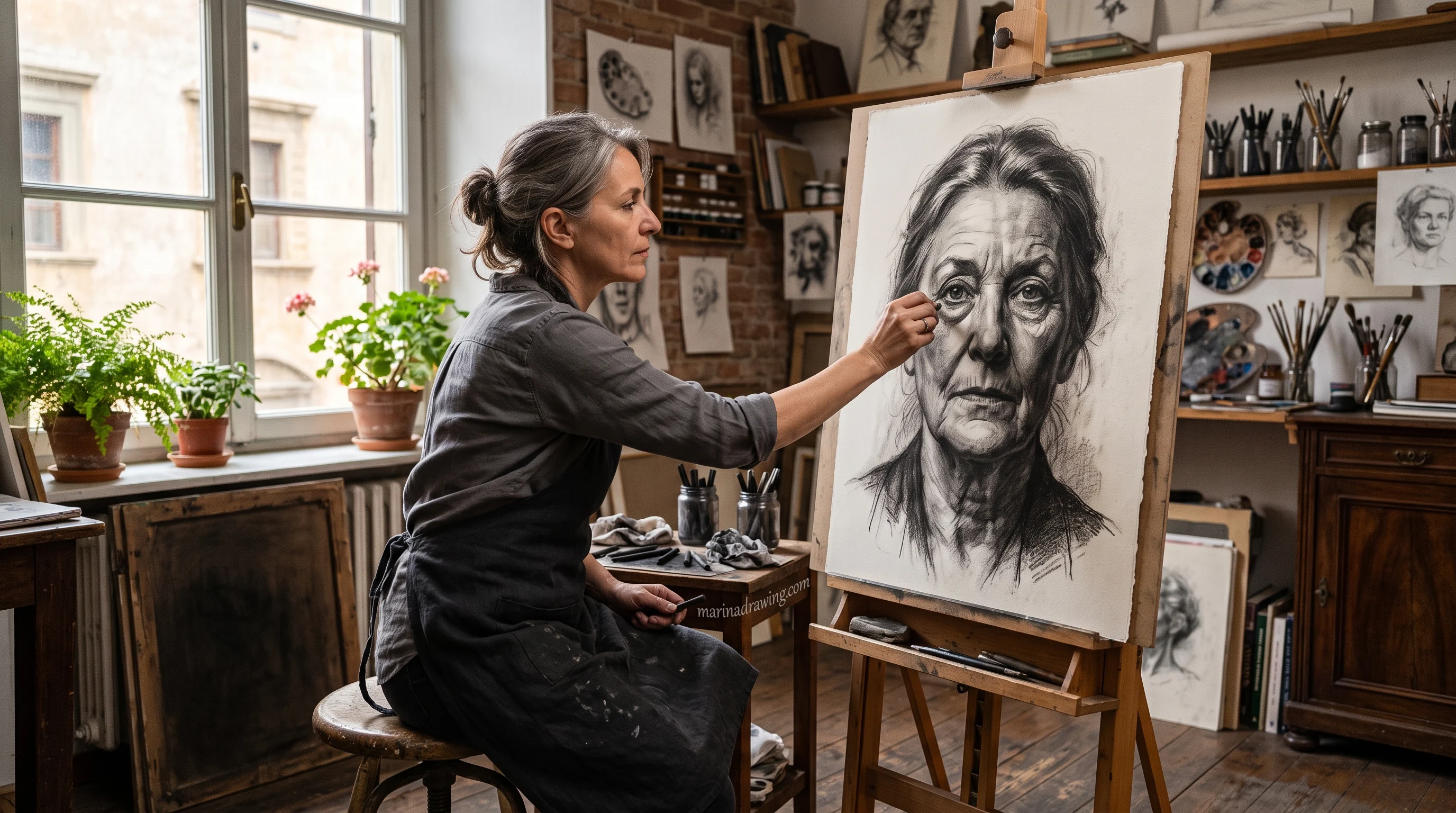 Charcoal portrait being drawn on an easel
