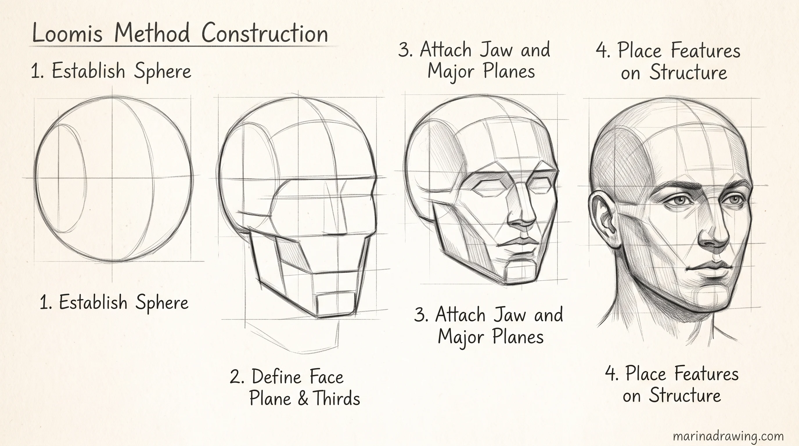 Head construction drawn with the Loomis method