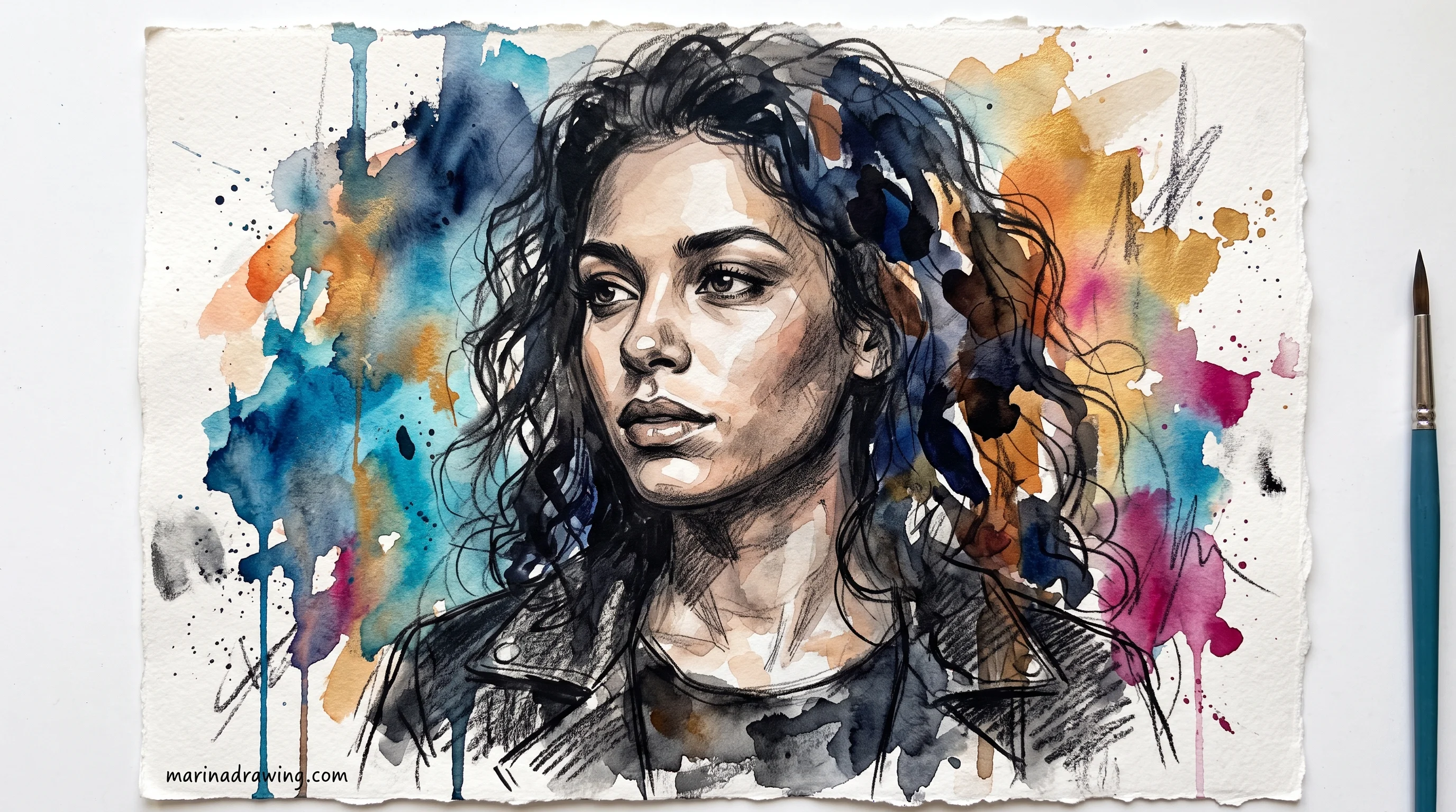 Mixed media portrait study combining ink and paint