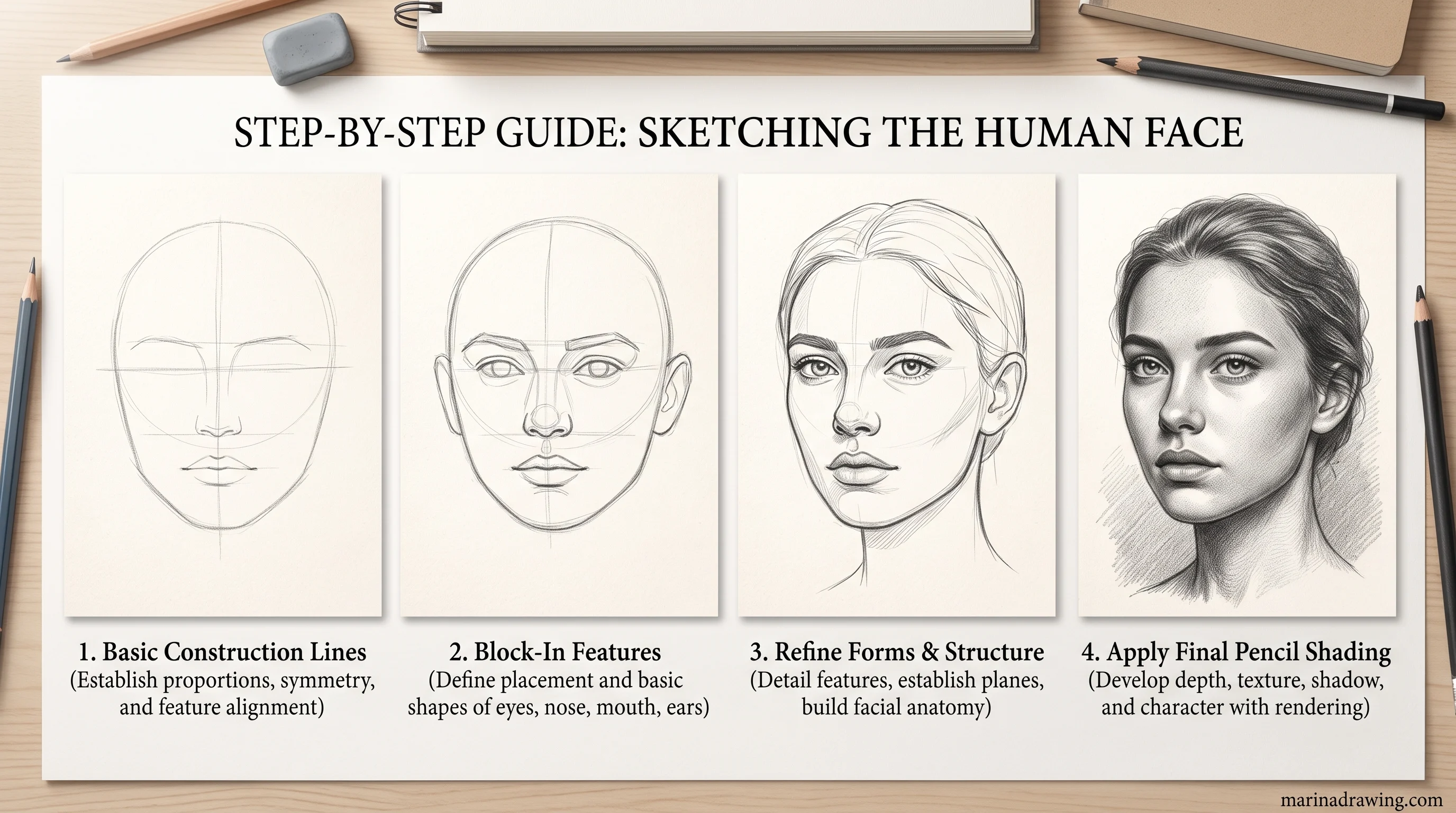 Step by step human face sketching tutorial