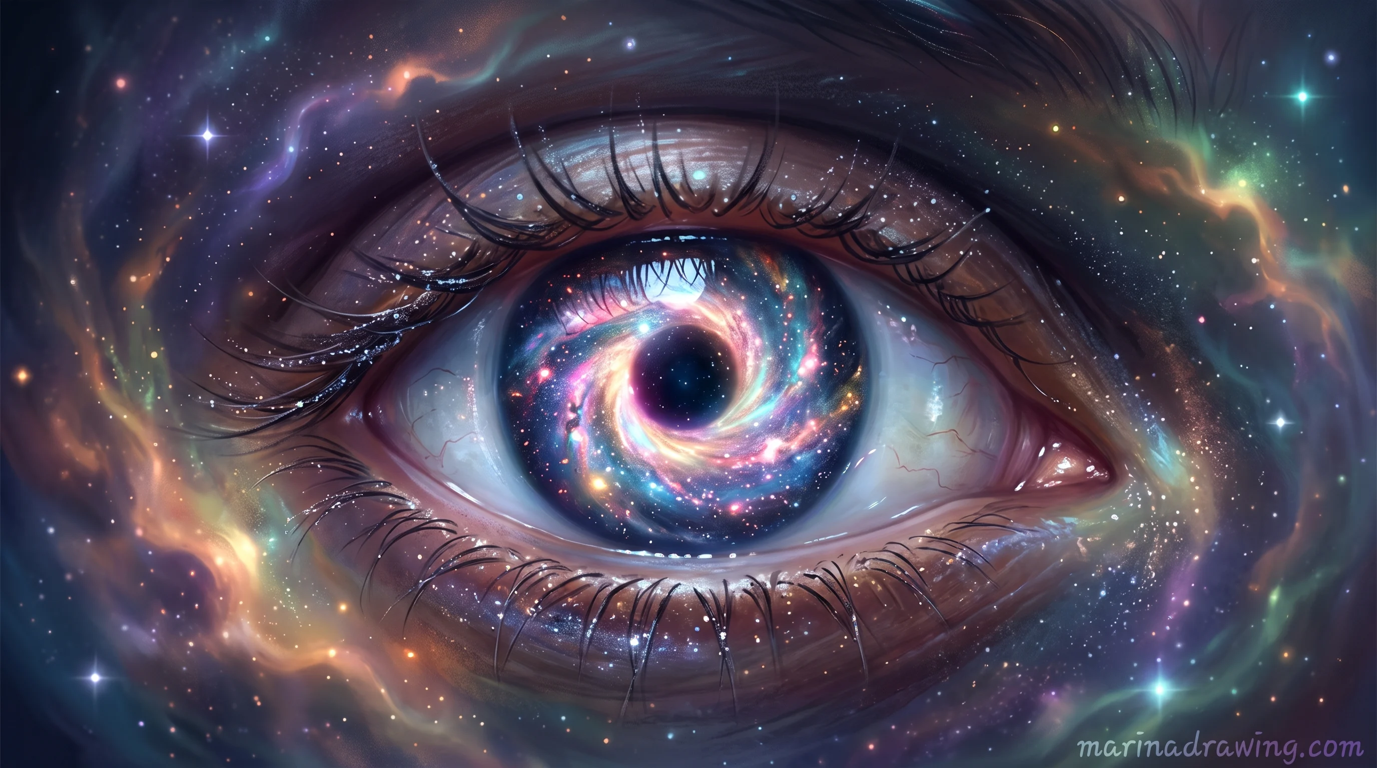 Surreal illustration of a galaxy inside a human eye