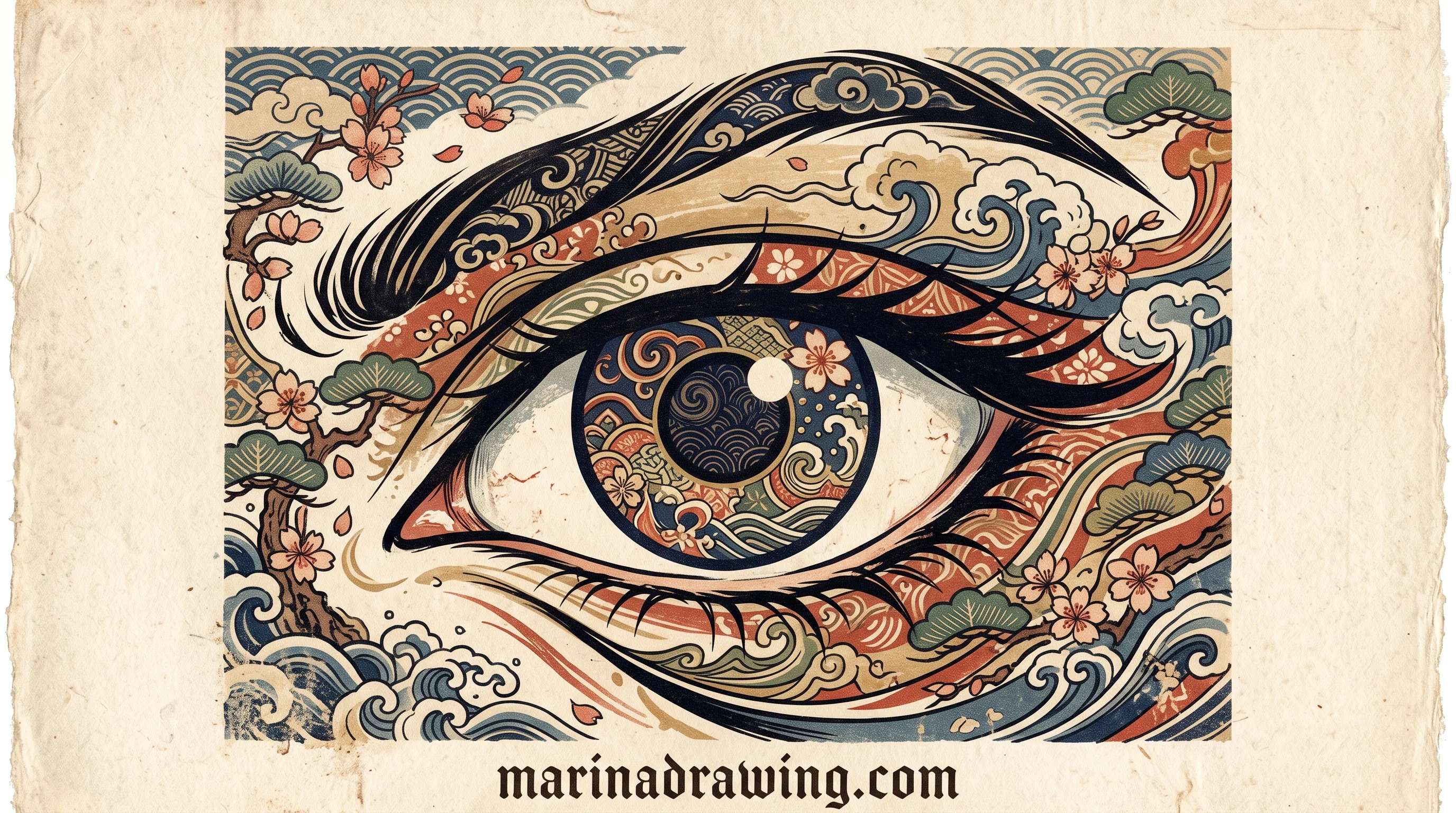 Stylized eye illustration in Japanese woodblock print style