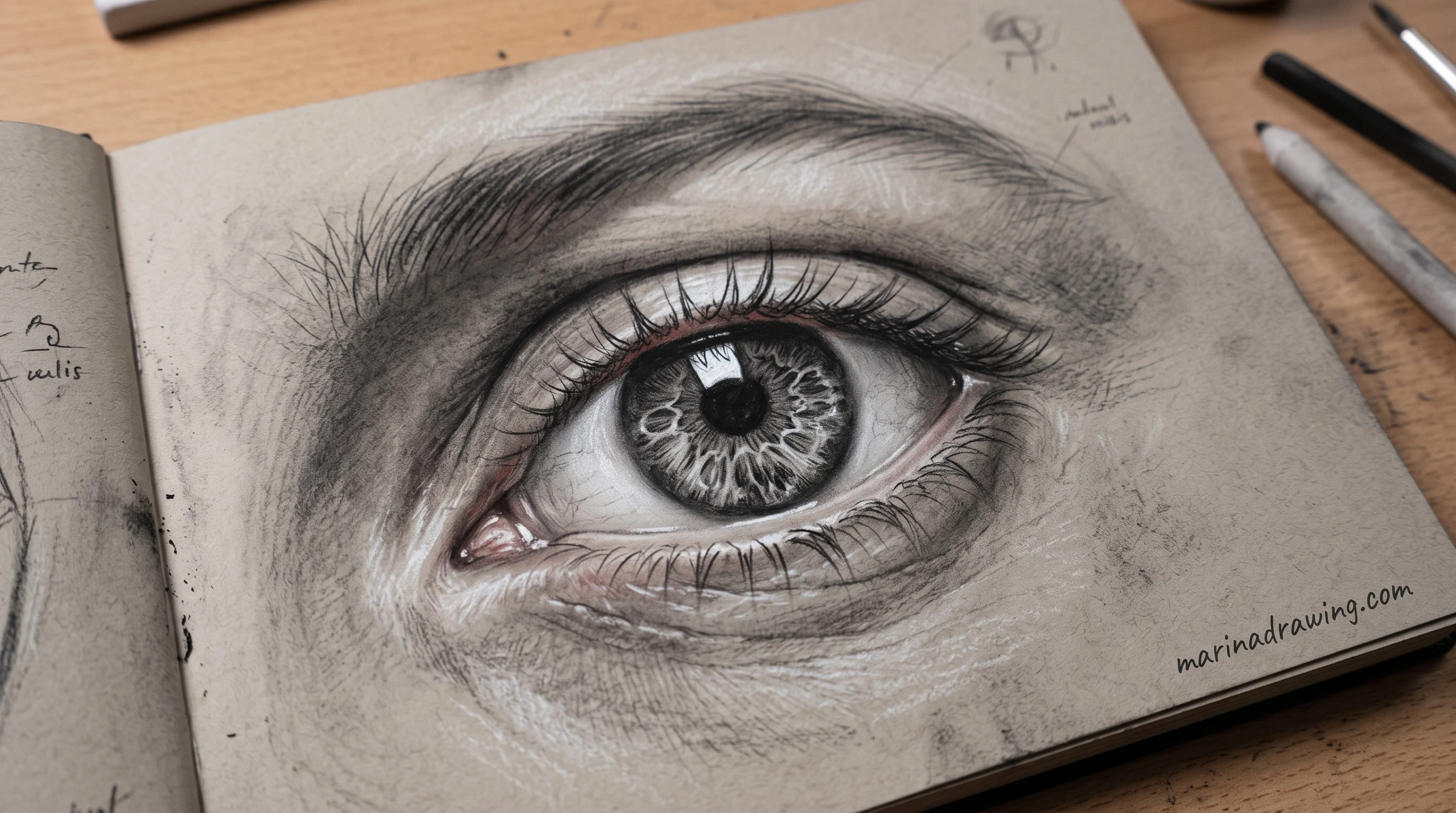 Charcoal drawing of a human eye with soft shading