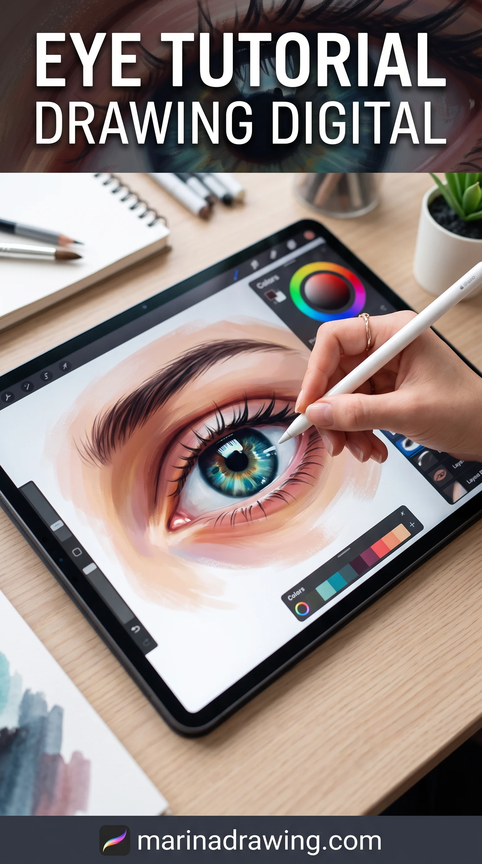 Digital drawing of an eye in progress on a tablet screen