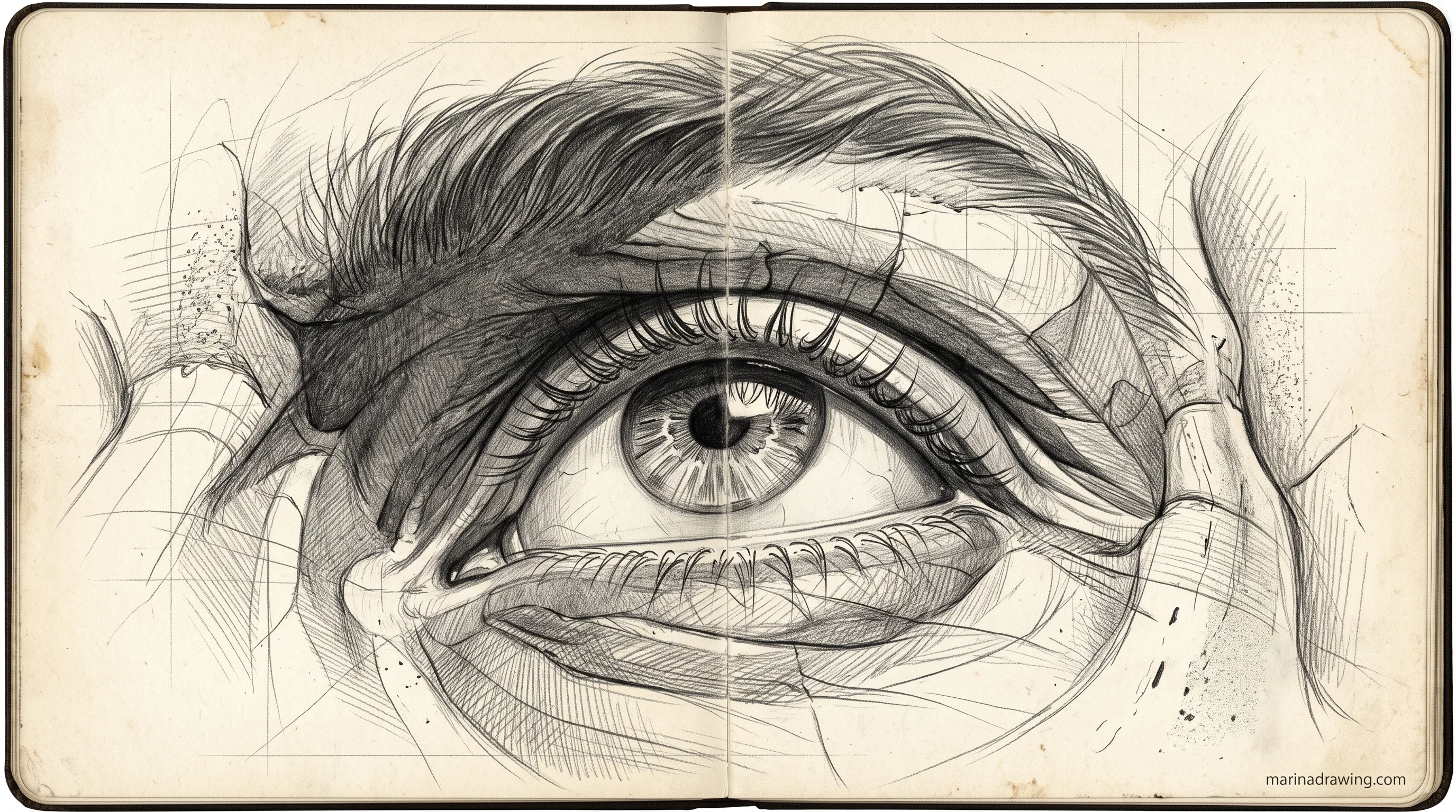 Construction sketch of an eye showing perspective guide lines
