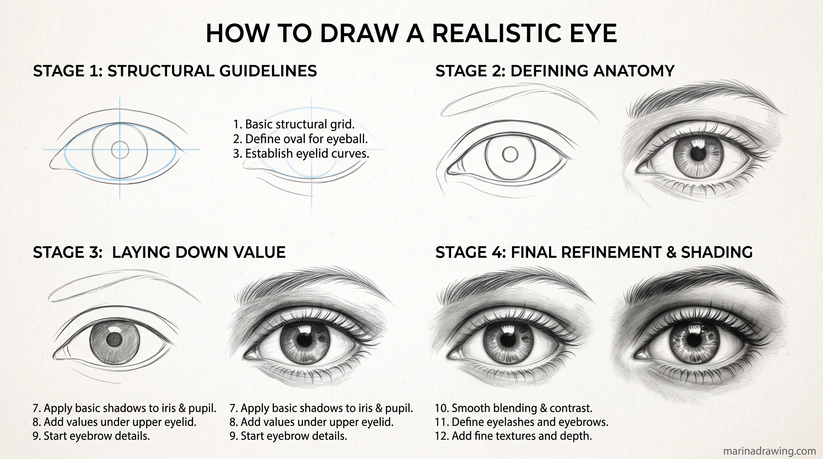 Step by step diagram of drawing an eye