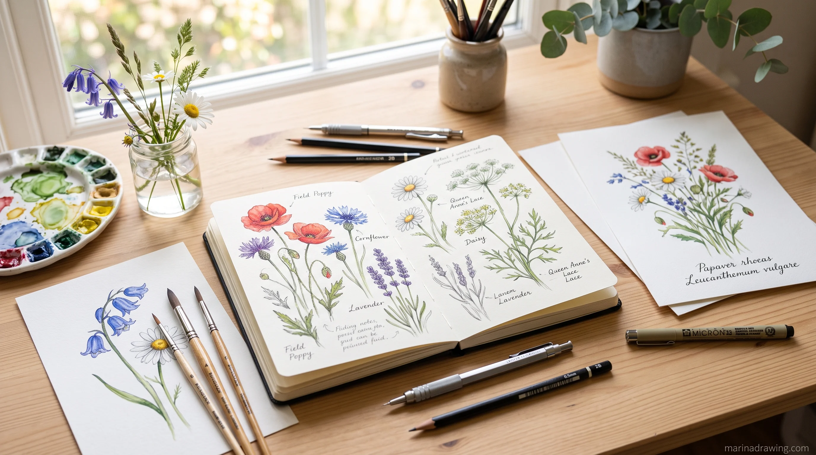 Flower sketches laid out on a wooden desk