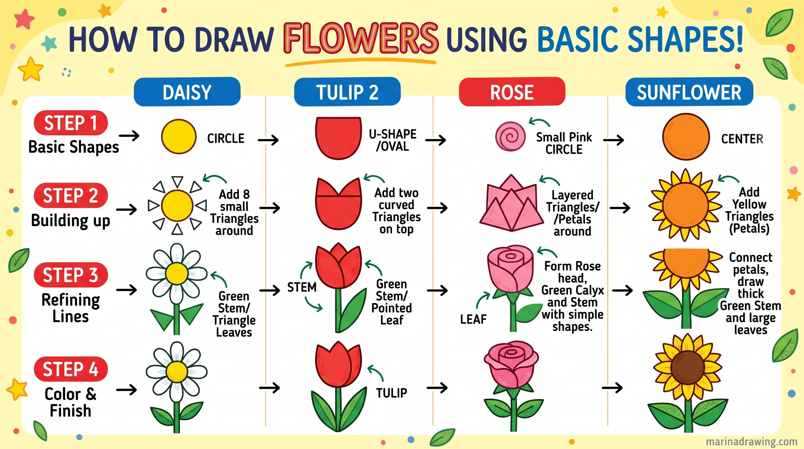 Flowers built from simple geometric shapes