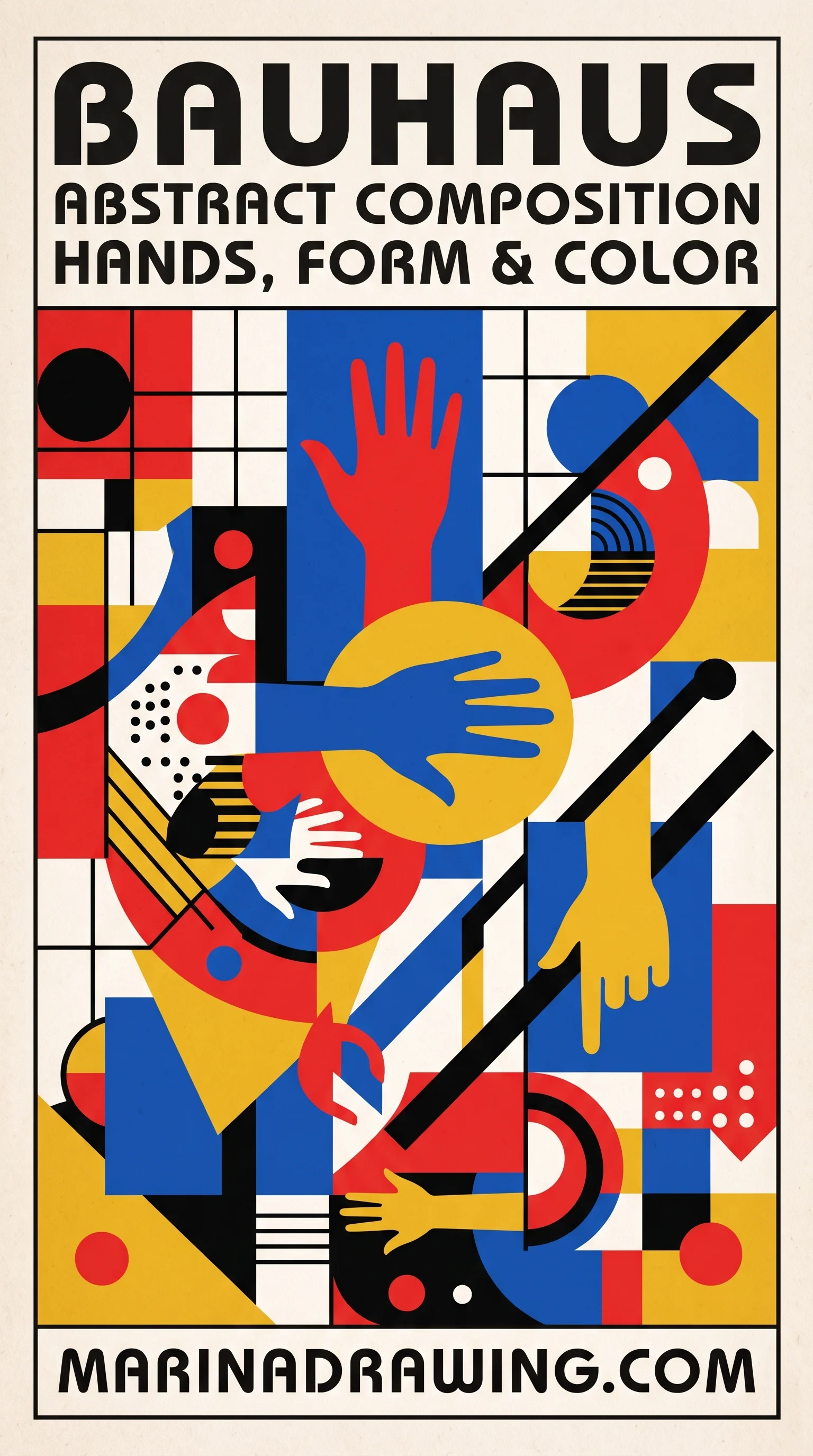 Bauhaus-style abstract poster of hands in red, blue and yellow geometric shapes