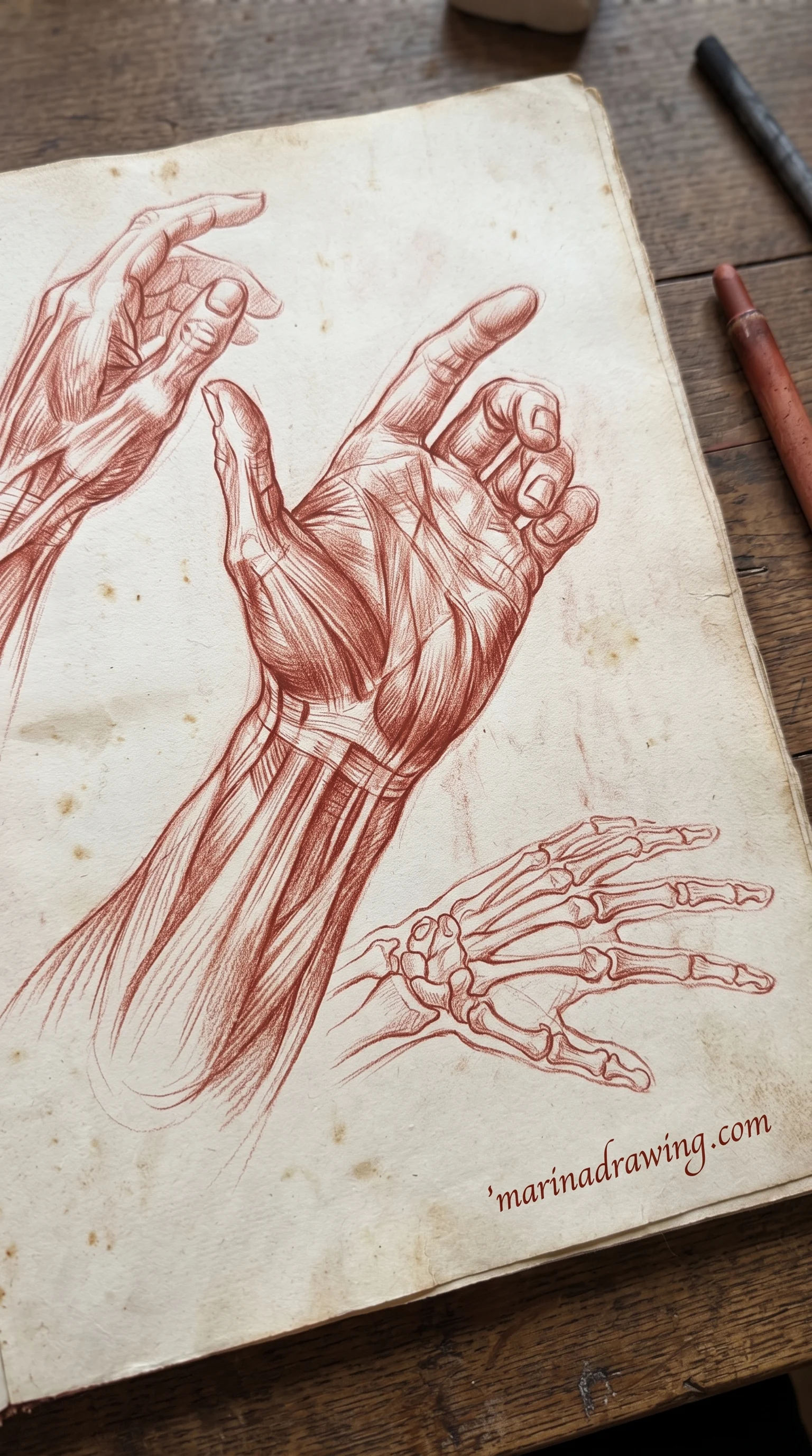 Hand anatomy chalk study with bones labeled on toned paper