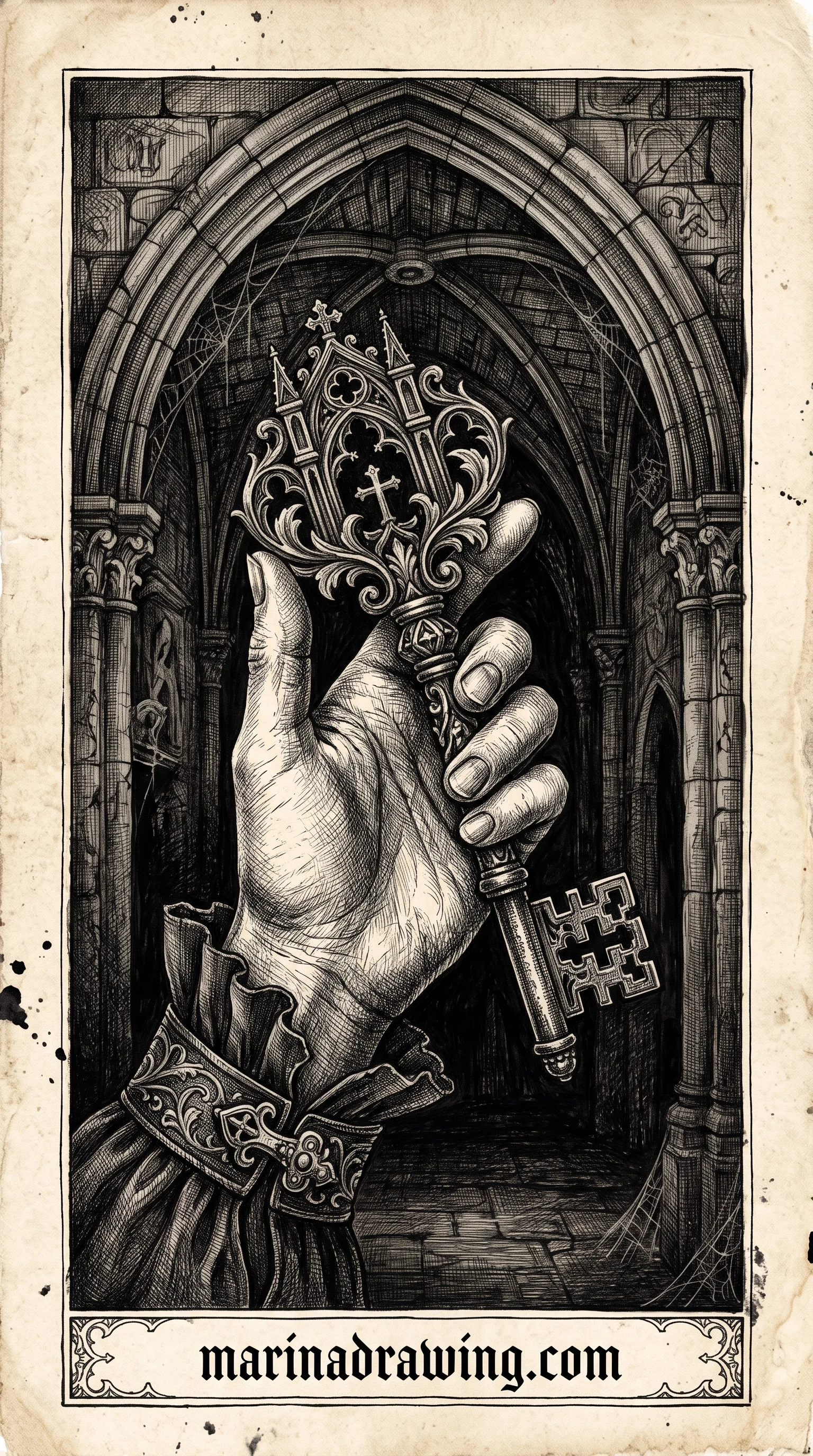 Hand holding an ornate vintage key in detailed illustration style