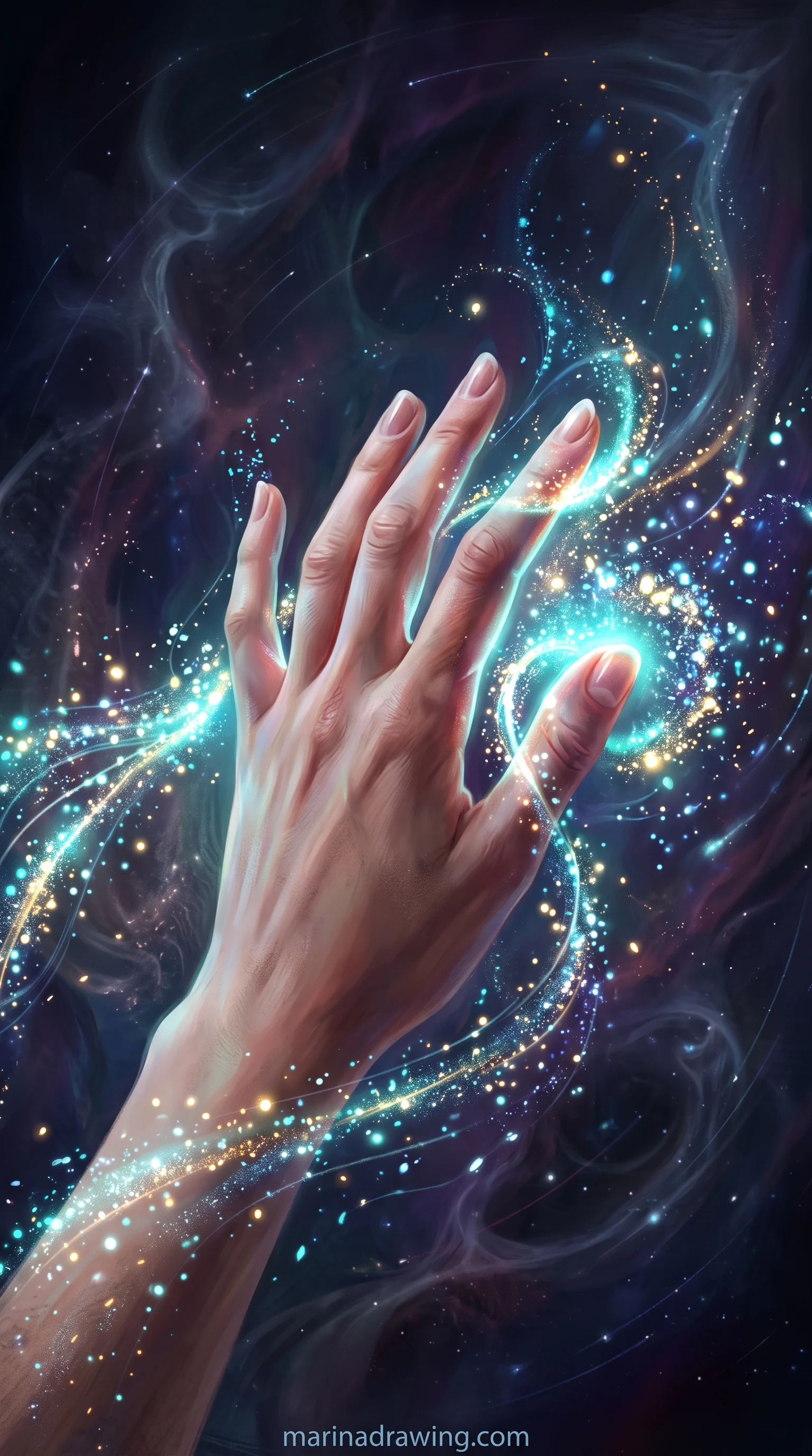 Hand interacting with glowing light particles in digital art style