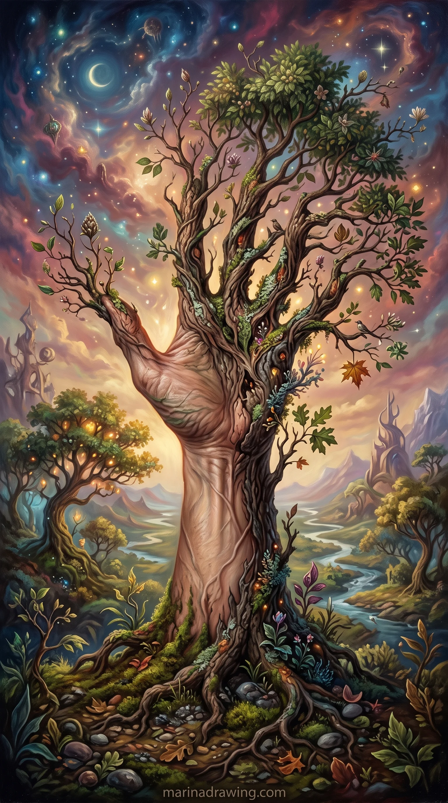 Hand turning into a tree branch in surreal illustration style